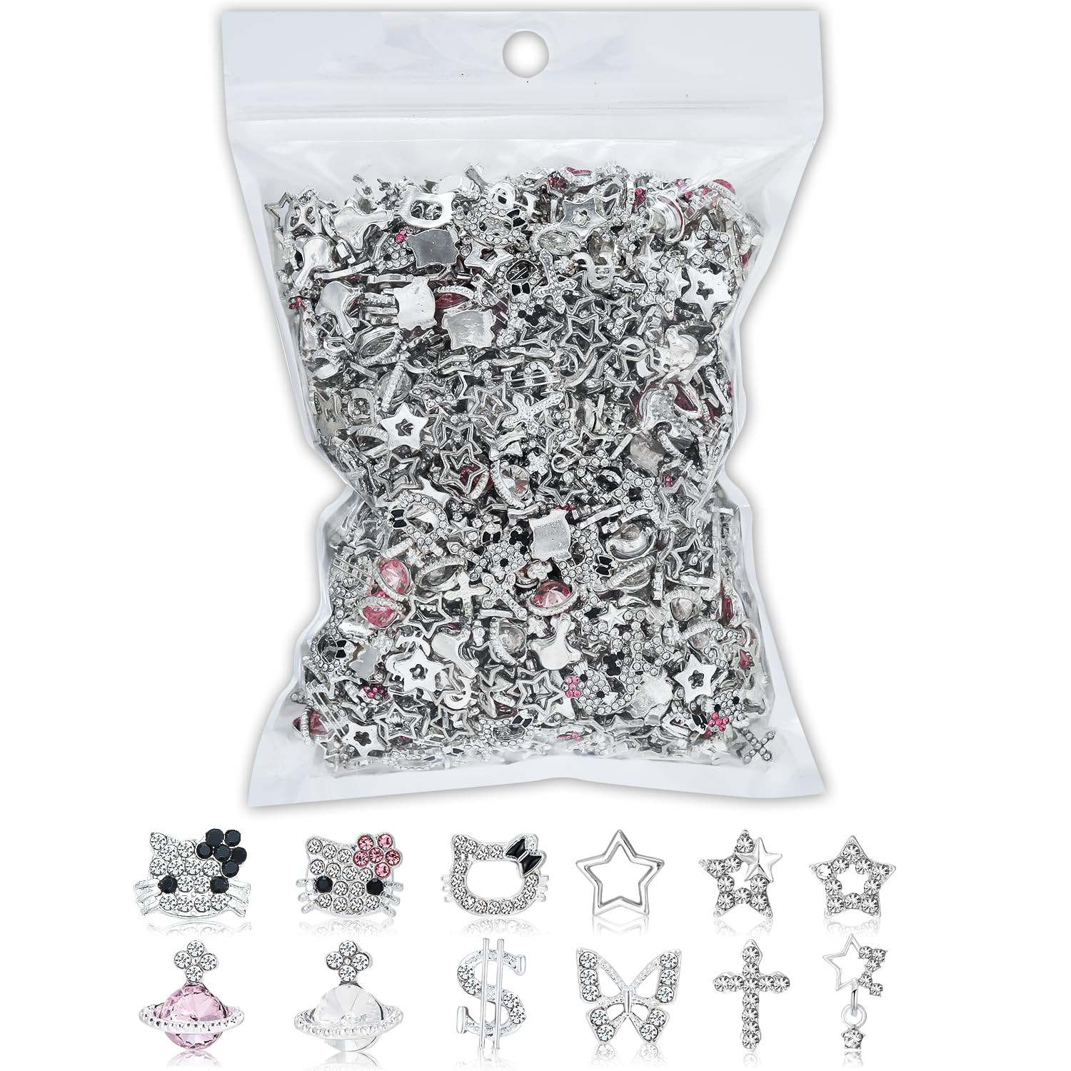 112 PCS Nail Charms Bulk Set for Kawaii Kitty Charms Bling Cute Cross Star Charm