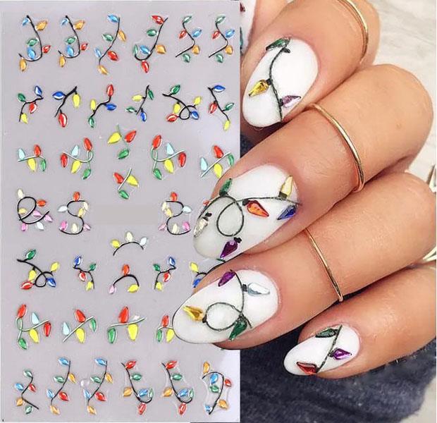 🎄🎁🎄 Cute 3D Nail Art Embossed Stickers Decals, Christmas Lights 🎄🎁🎄