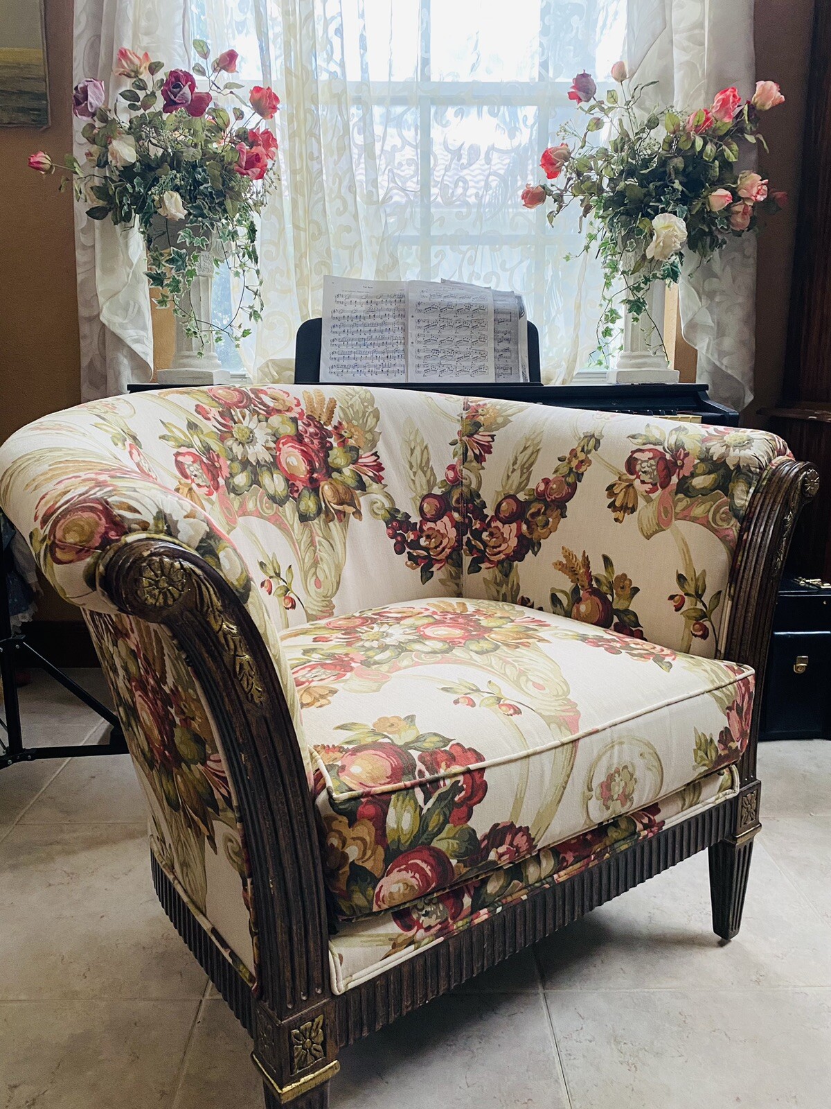Two (!!) Designer Tufted  Upholstered Floral Armchairs : the Price Is For 2!!