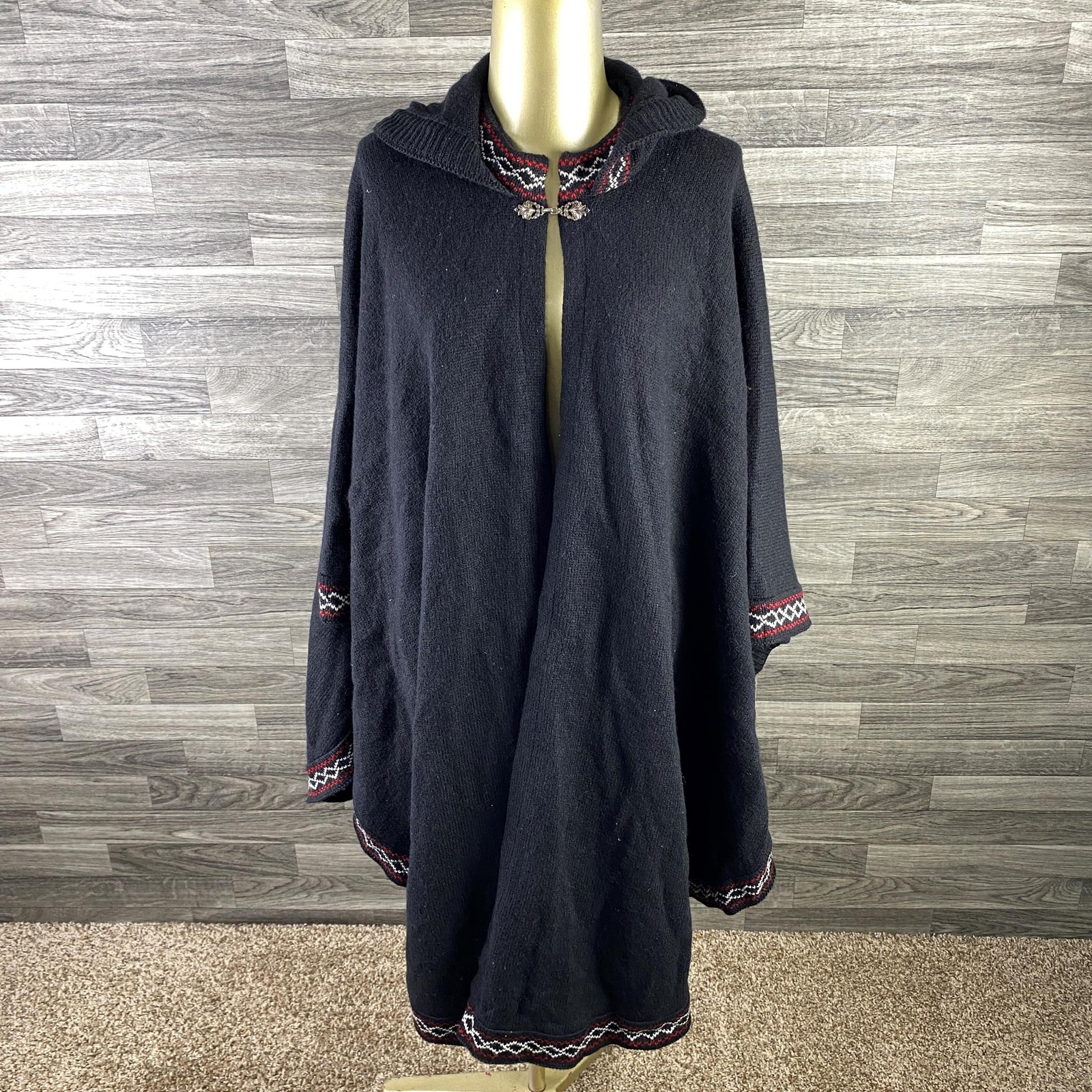 BALTIC INSPIRATIONS Open Style Black Wool Hooded Poncho Sweater Women's Size M