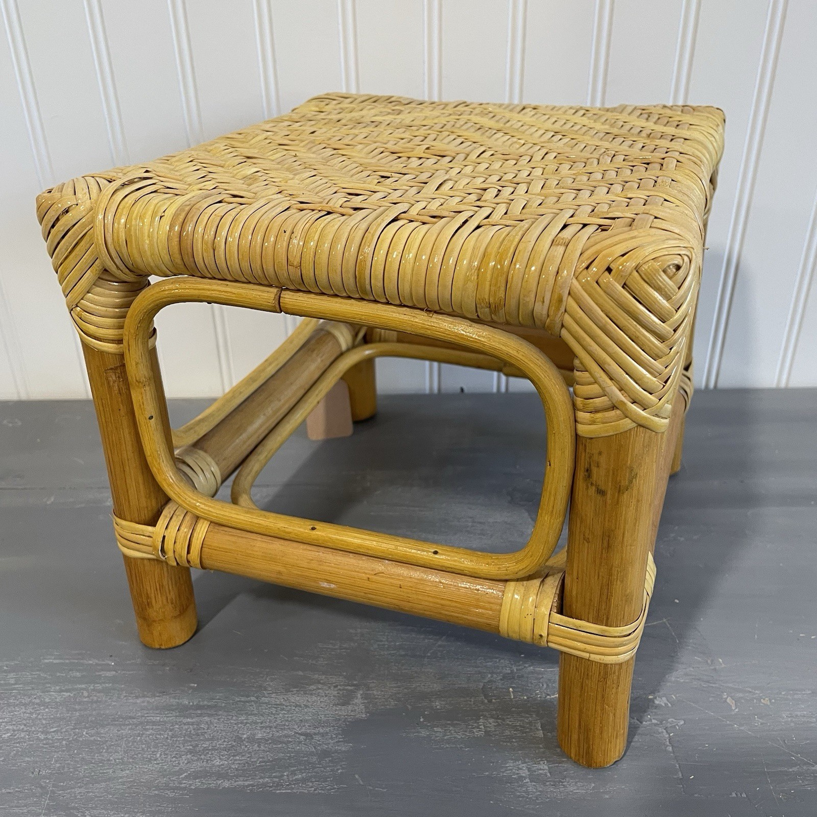 Vintage Bamboo Cane Rattan Small Stool Plant Stand Interior Design 8.5" x 9"