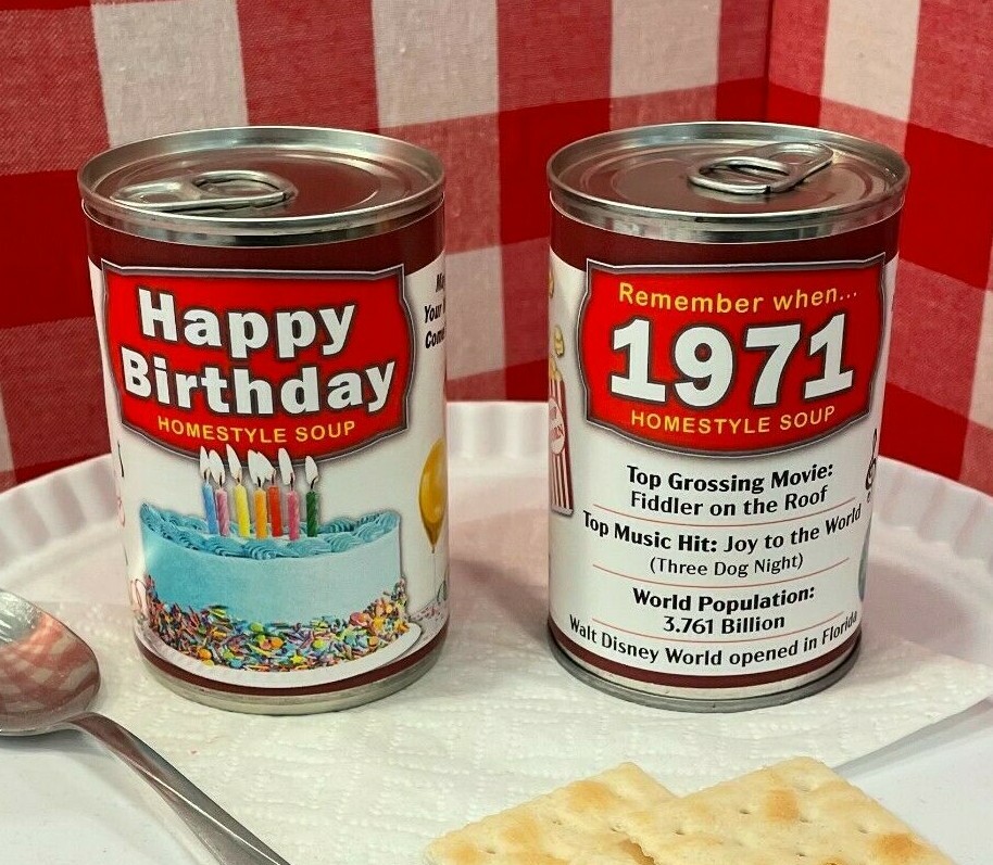 2x Year of Birth 1971 Happy Birthday Soup Can Label UNIQUE GIFT PRESENT DECOR