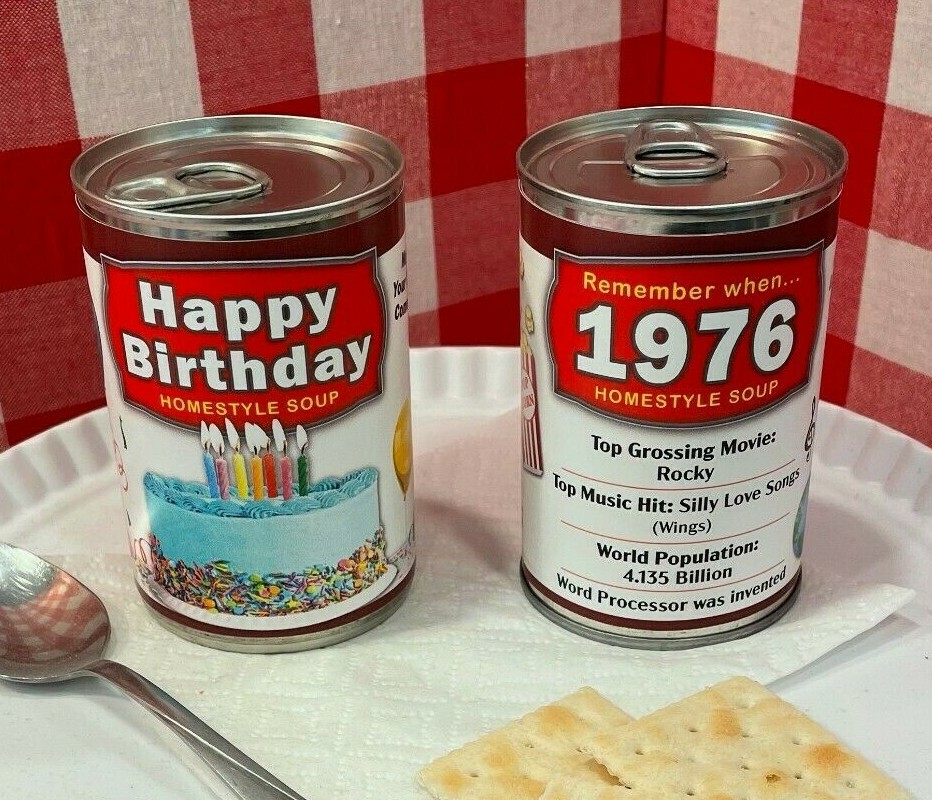 2x Year of Birth 1976 Happy Birthday Soup Can Label UNIQUE GIFT PRESENT DECOR