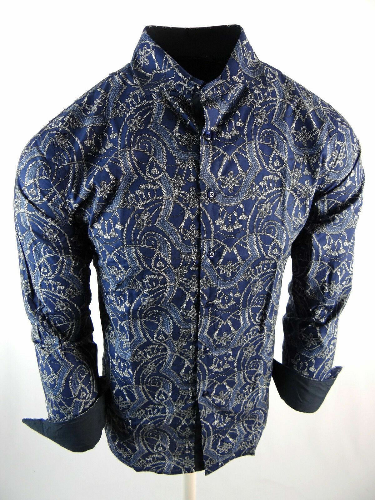 Mens Premier Shirt Blue Italian Style Patterns Slim Fit Button Front Casual