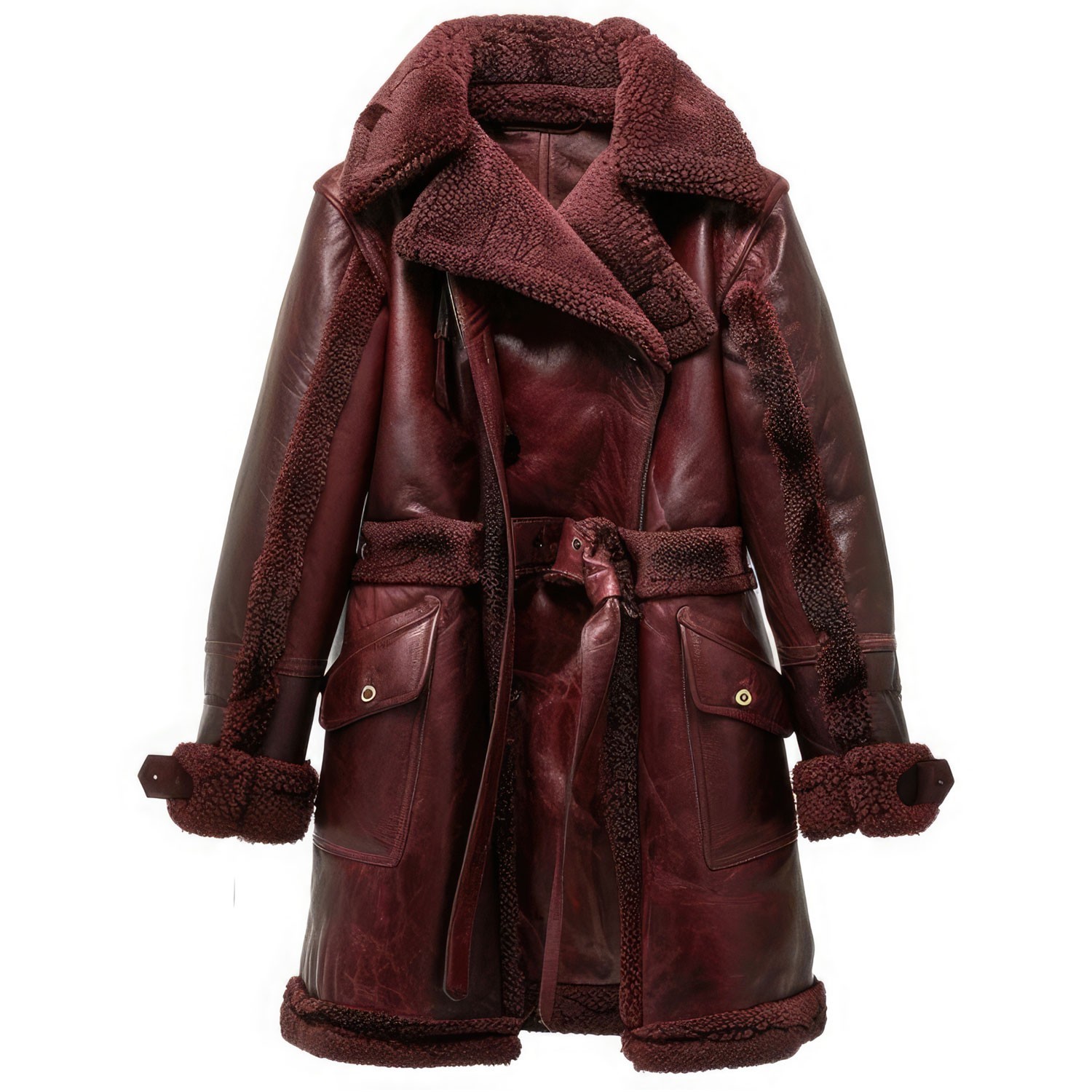 Mens & Women’s Burgundy Stylish Warm Belted Soft Formal Mid-Length Leather Coat