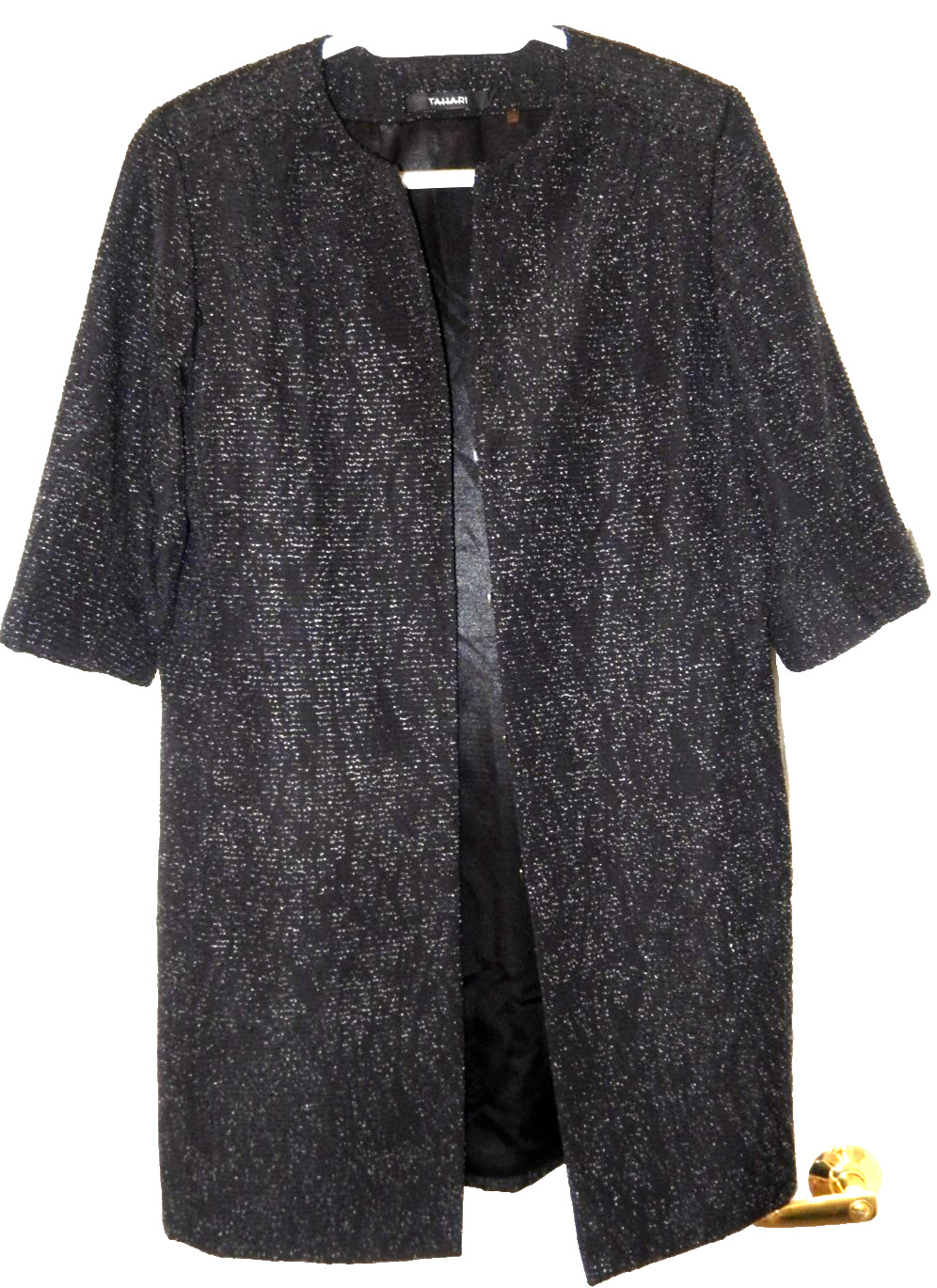 TAHIRI Stylish Hook-Front Long Coat /Topper, lined-10, textured charcoal multi