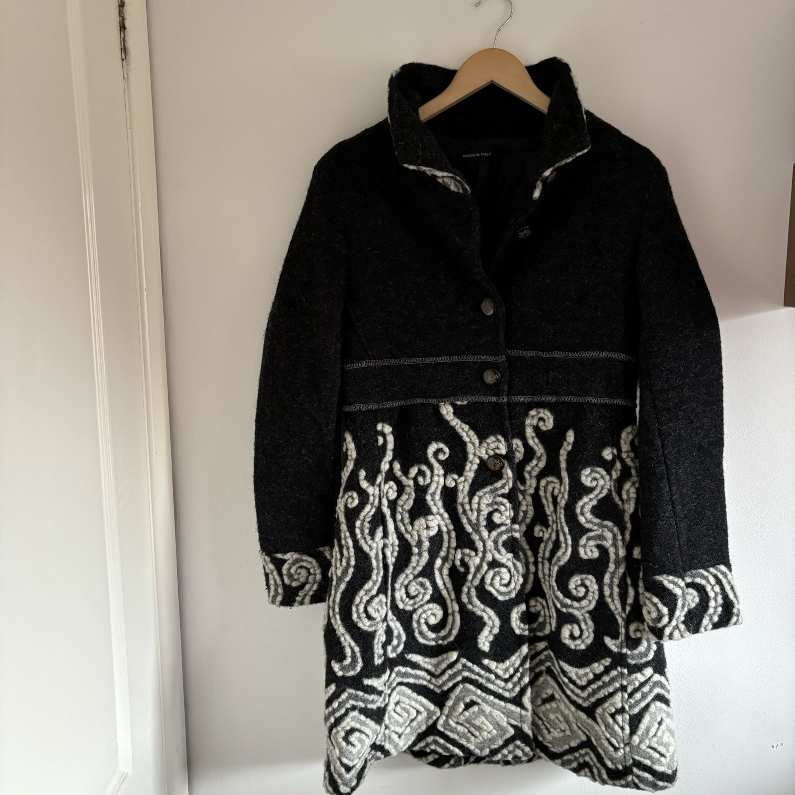 Made In Italy Boho Quirky Stylish Wool Mix Coat With Scroll Detail Fits UK 6-8