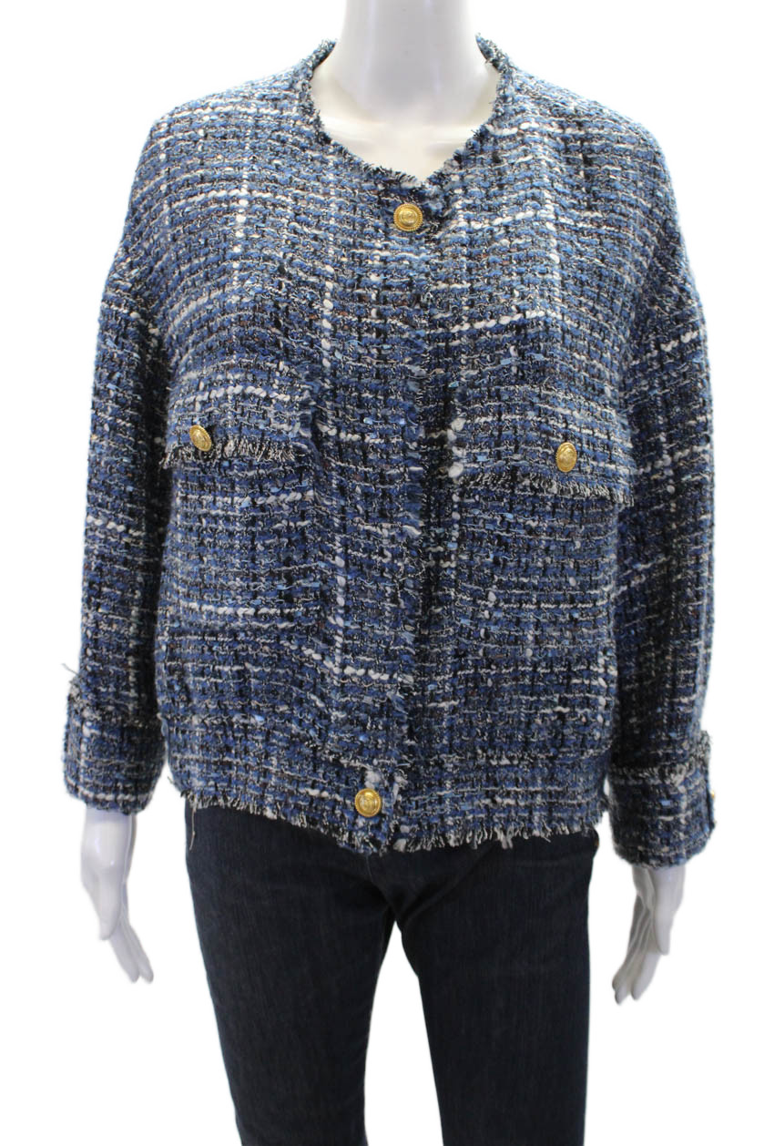 Zara Womens Woven Gold Tone Buttoned Short Evening Jacket Blue Size XL