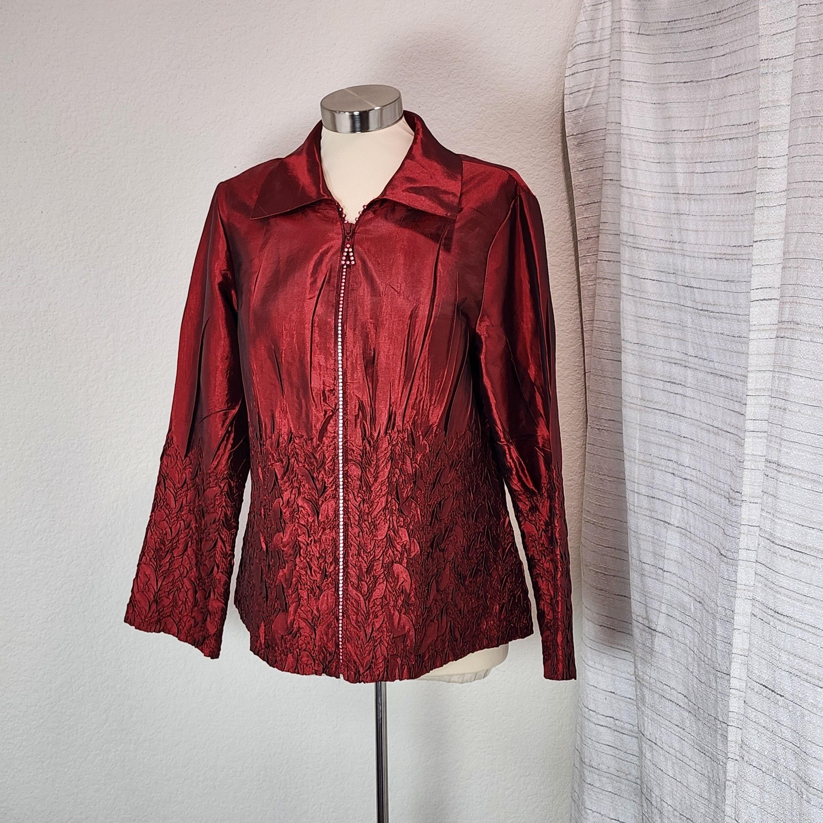 Jenny T Jacket Womens Lg Red Jewel Tone Rhinestone Zip Dressy Evening Holiday