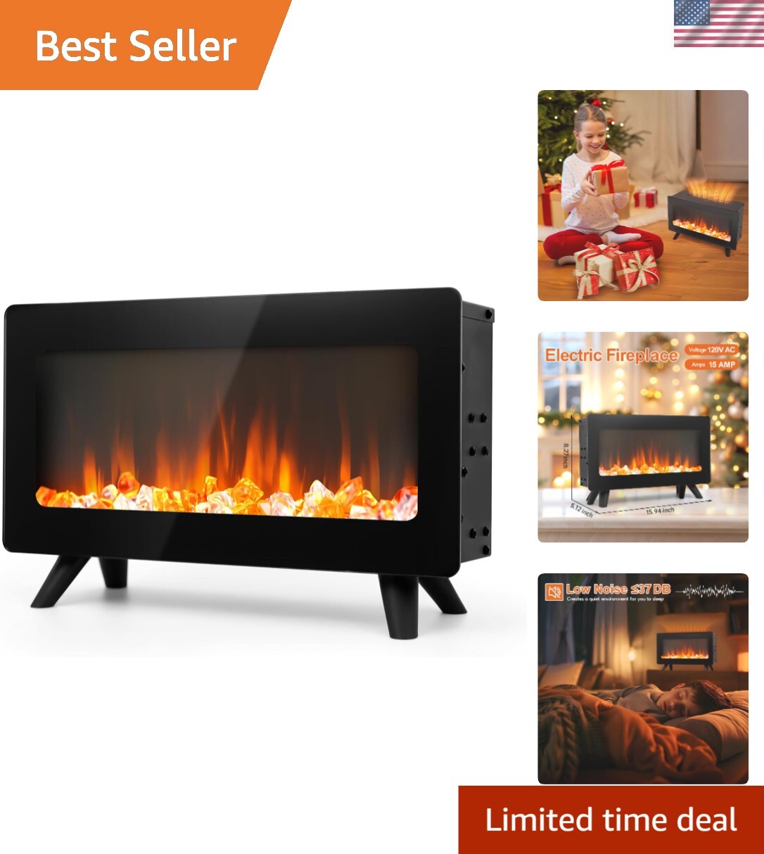 Elegant 16-Inch Electric Fireplace with Realistic 3D Flames for Cozy Ambiance