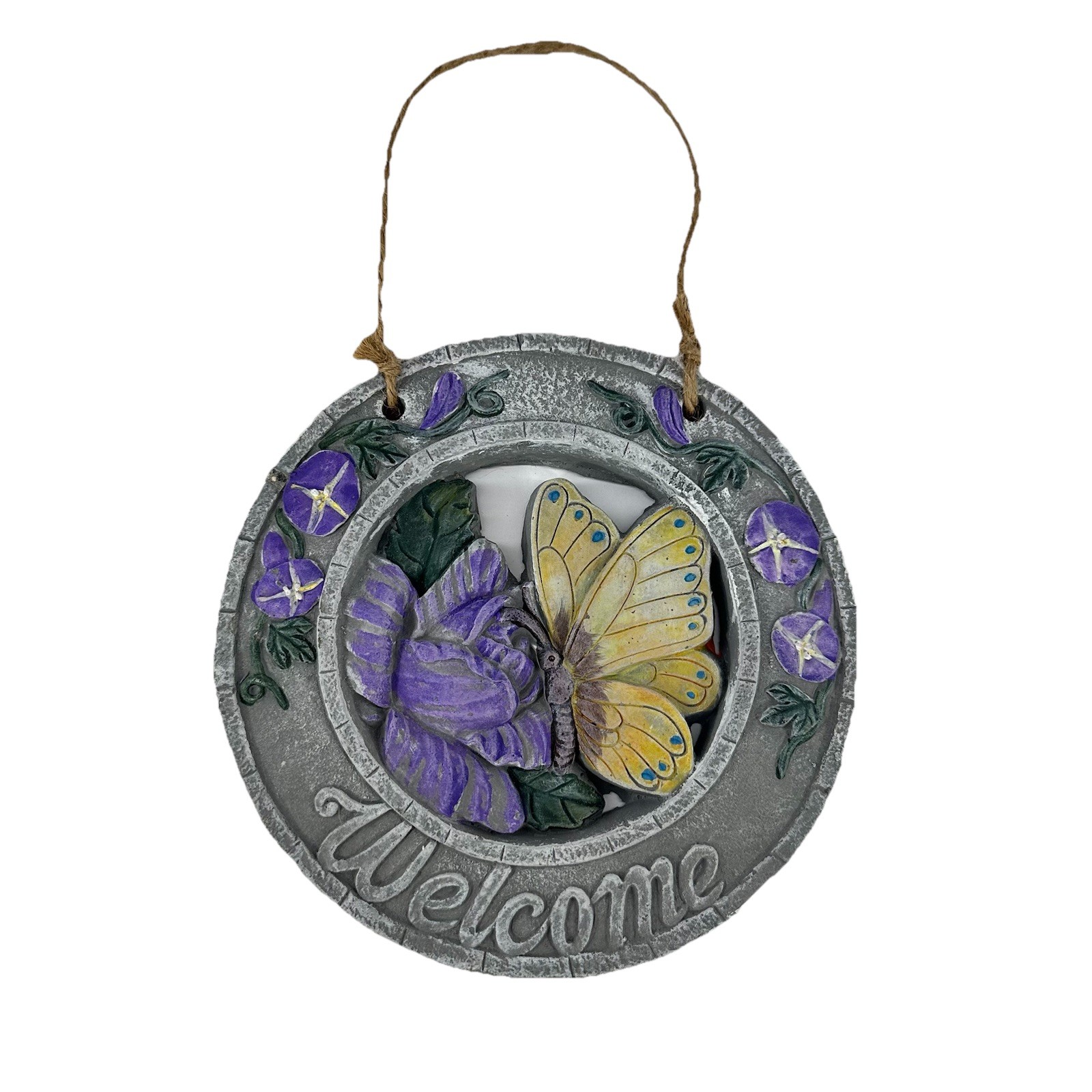 Designspirations Butterfly Welcome Wall Plaque Resin Stone Look 2001 7" Round