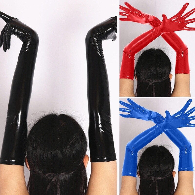 Faux Latex Long Gloves Sexy Wet Look Shiny Leather Club Dance Show Opera Evening