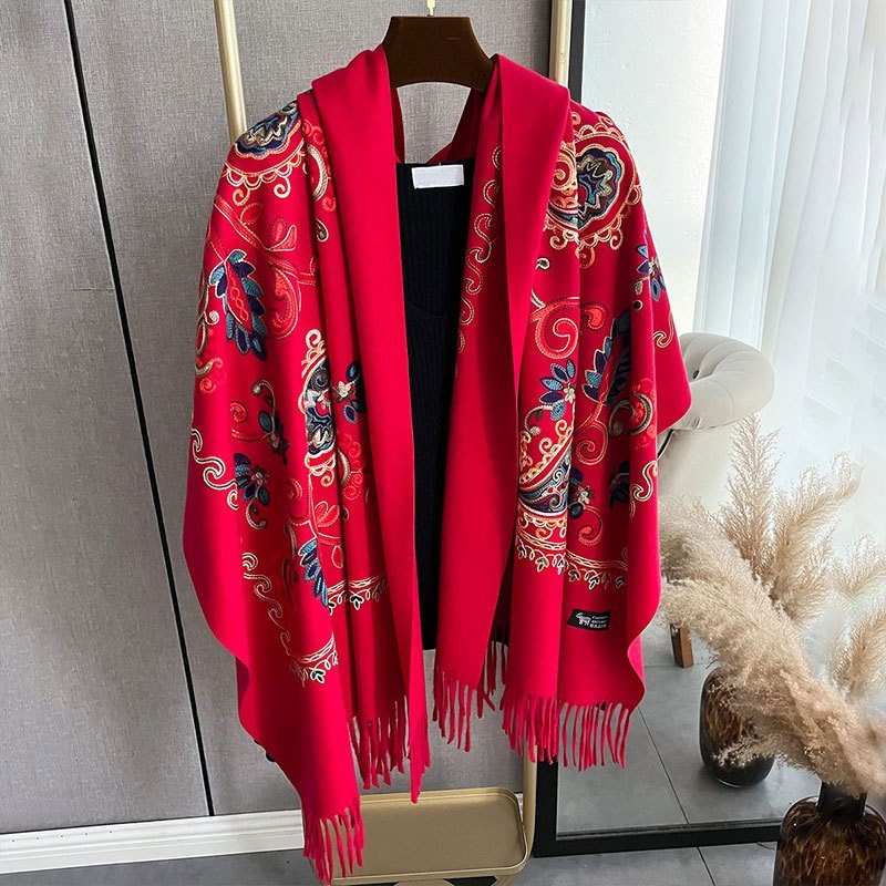 Red Embroidered Cashmere Feel Shawl Wrap Oversized Paisley Fringed Scarf