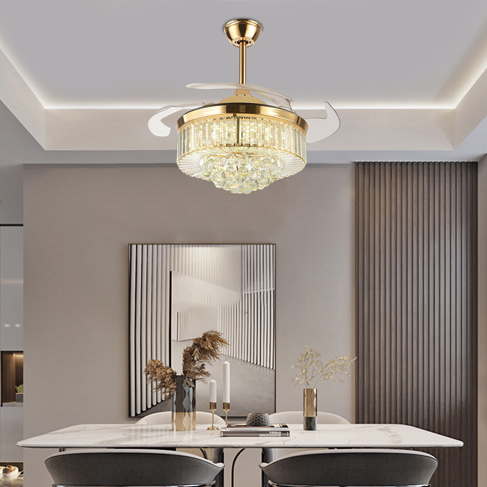 Luxury Chandelier Crystal Ceiling Fan Light Modern LED Fan Lamp with Remote 45 W