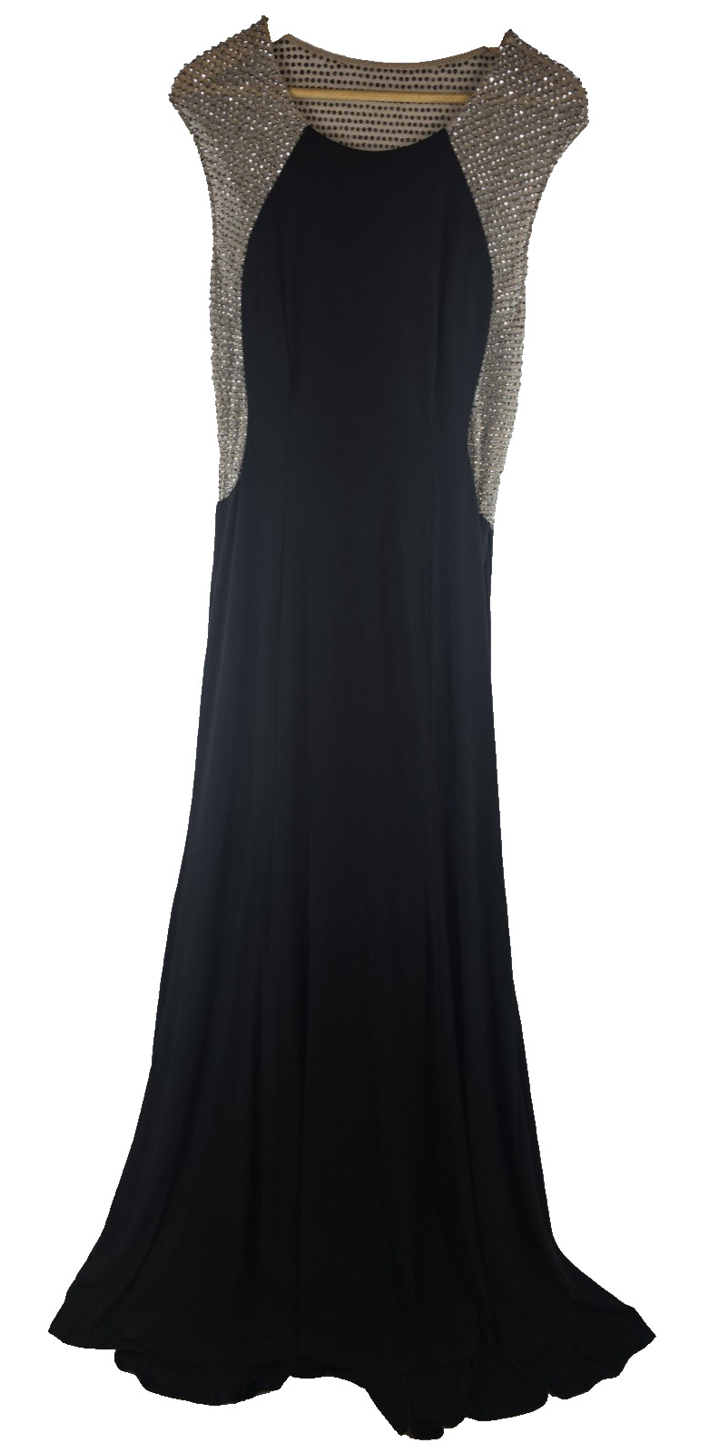 Cache Elegant Black Rhinestone Gown with Nude Mesh Top Side Zipper Size 12