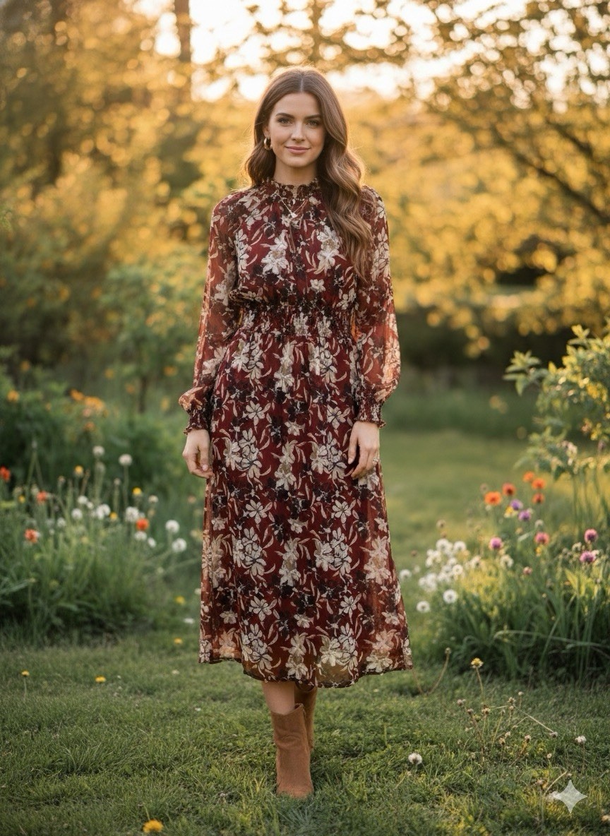 Elegant floral dress with long sleeves, perfect for any occasion. beautiful