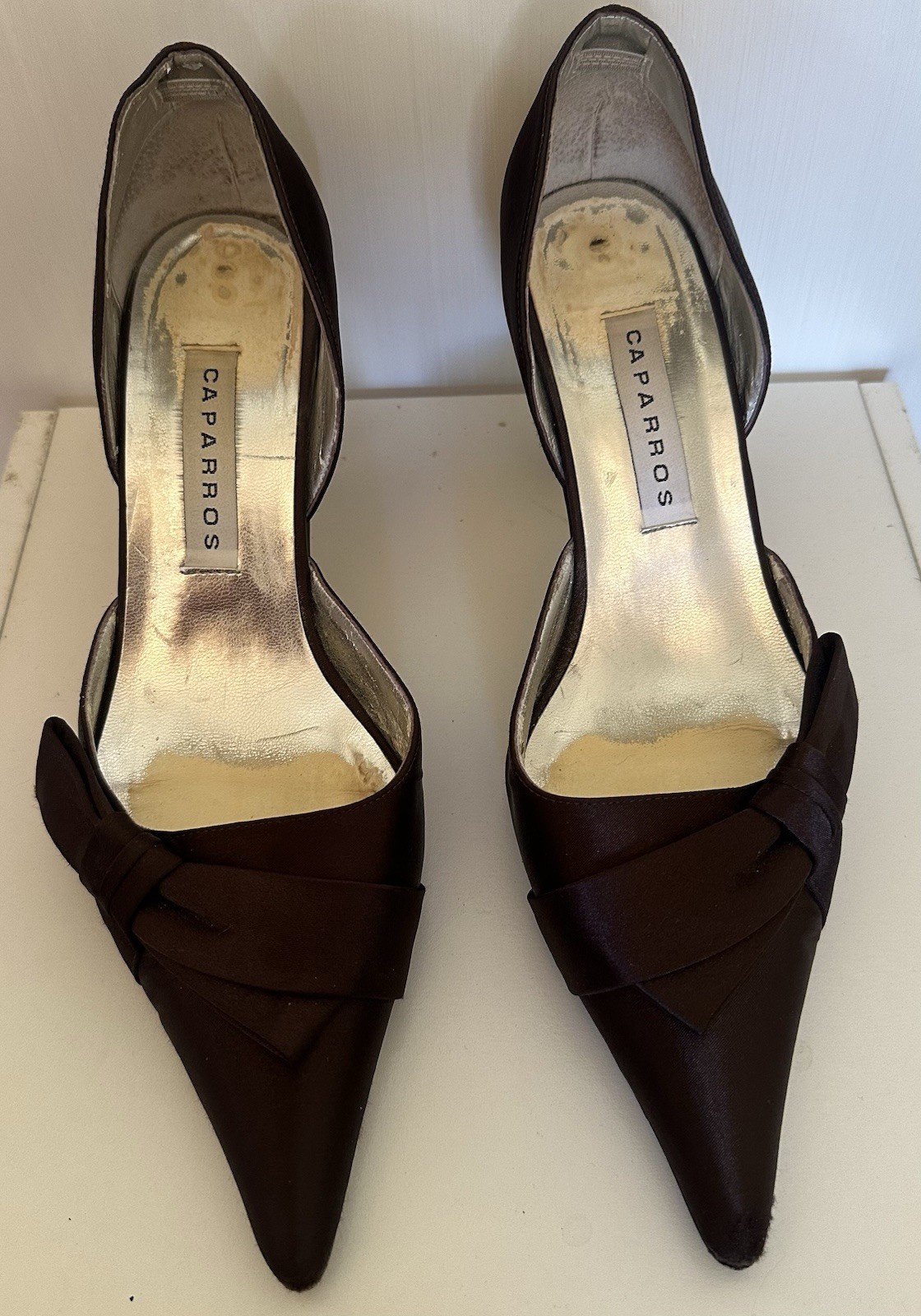 Caparros Elegant Dress Pumps Dark Chocolate Satin Leather Insole Dressy Bow