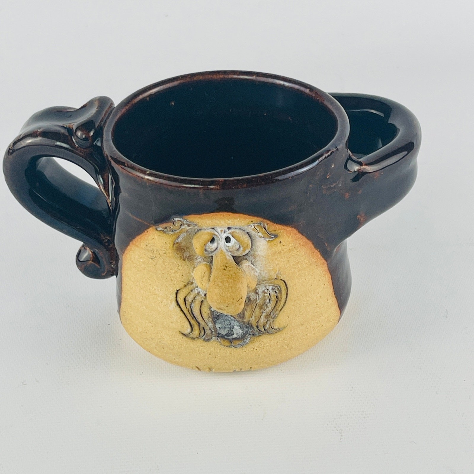 VINTAGE Peter Petrie Shaving Pottery Mug Funny Face Big Nose 2 Handles Brown