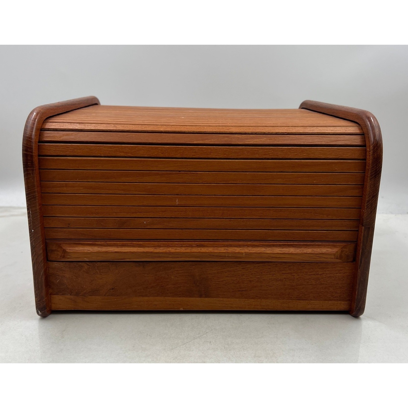 VTG Teak Wood Tambour Storage Box with 2 Compartments Mid Century Modern