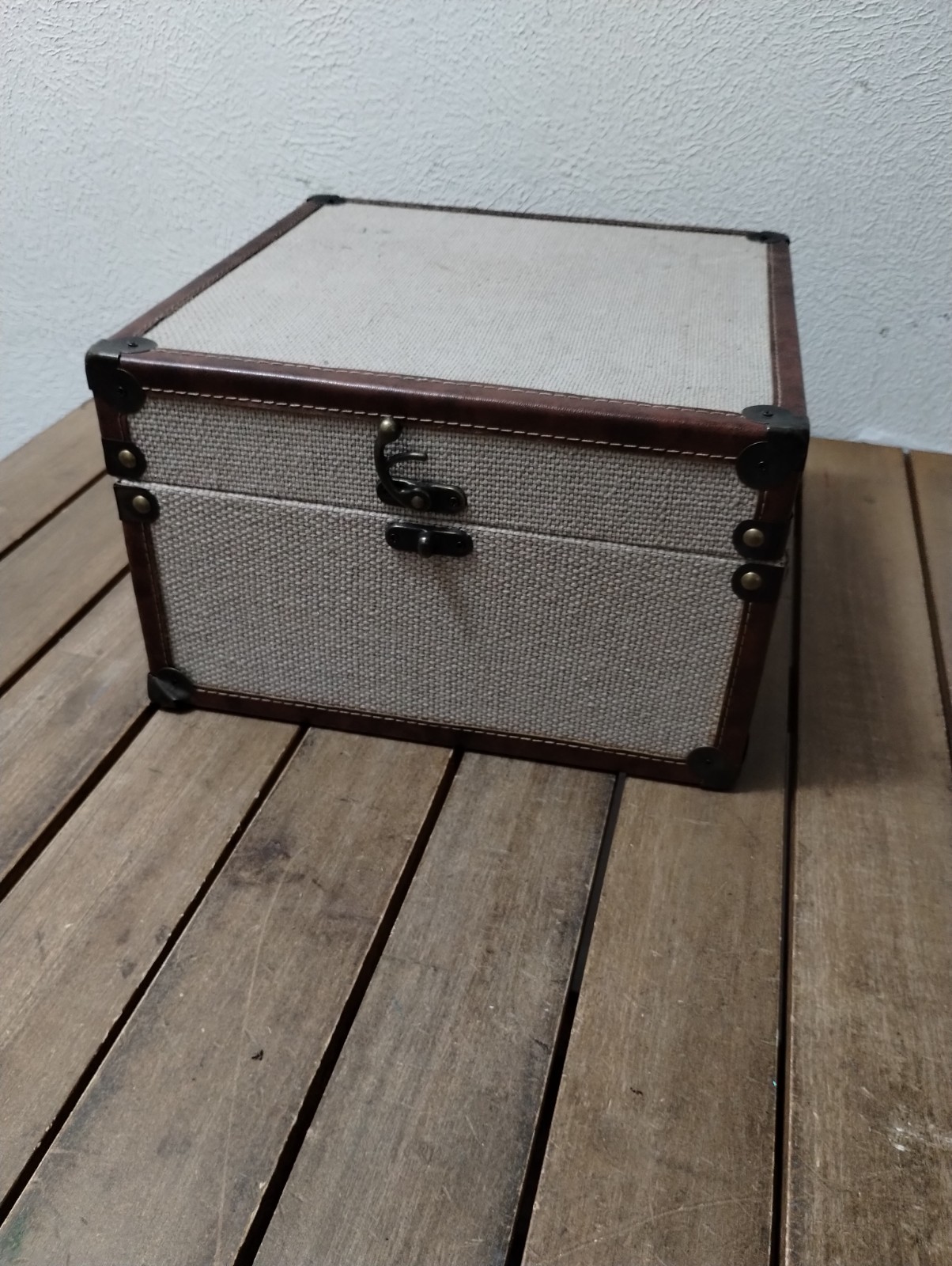 Cream Linen and Brown Faux Leather Storage Box Square 12"x12"x7.5" 