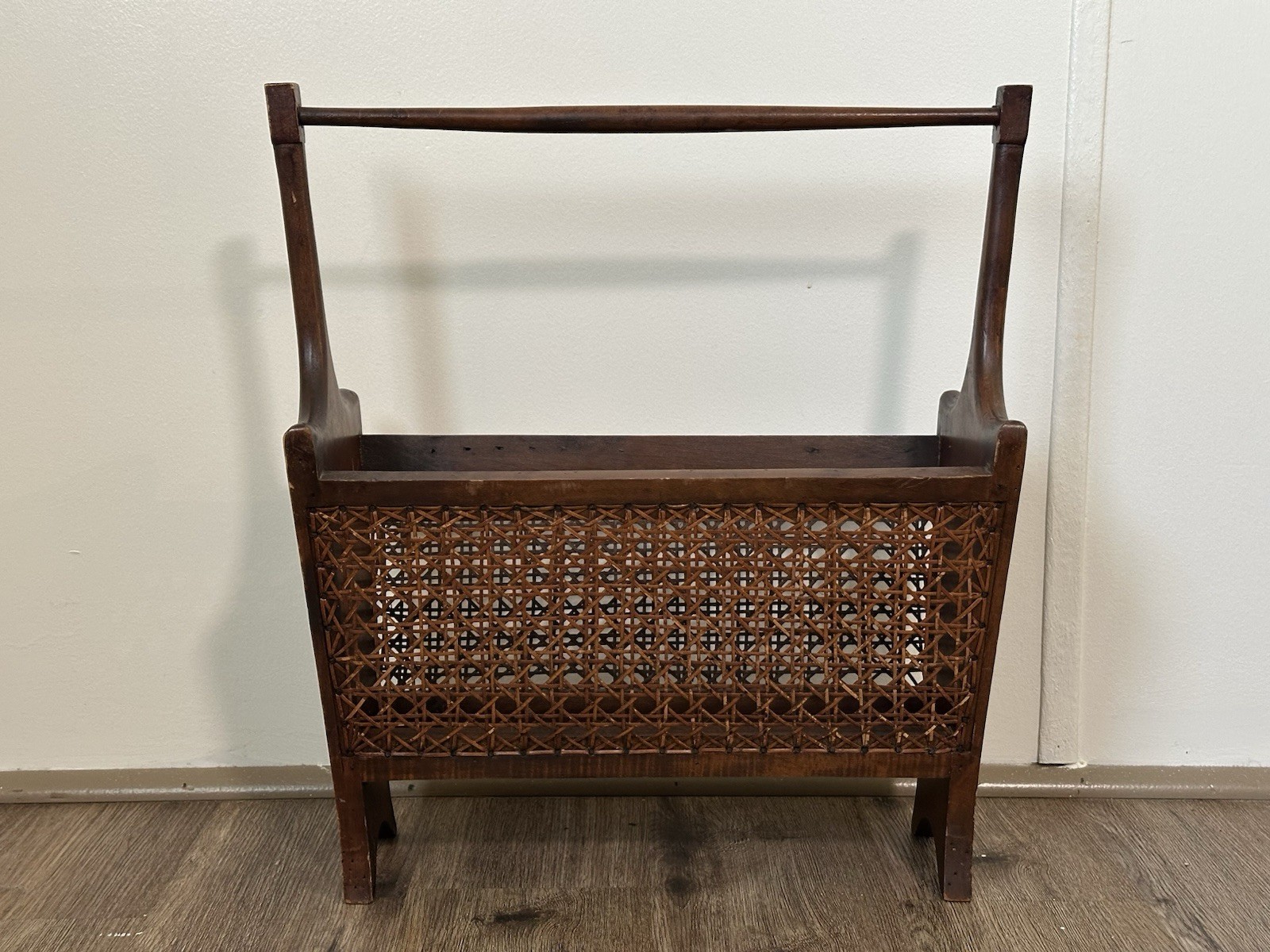 Vintage Mid Century Modern Wood Cane Magazine Rack Boho Home Decor