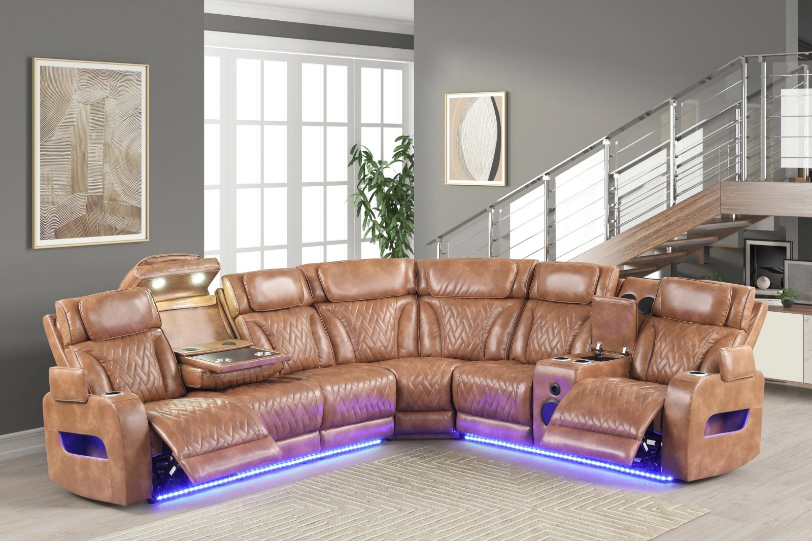 OVERSIZED LED Sectional Power Recliner & Adj Headrest w/ Bluetooth Speaker Brown
