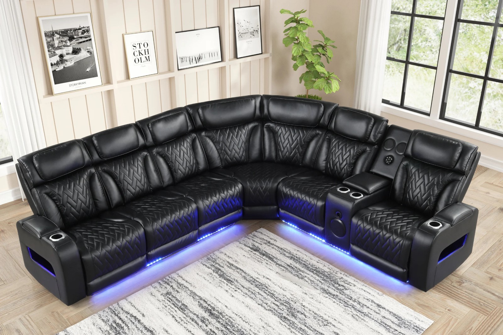 OVERSIZED LED Sectional Power Recliner & Adj Headrest w/ Bluetooth Speaker Black