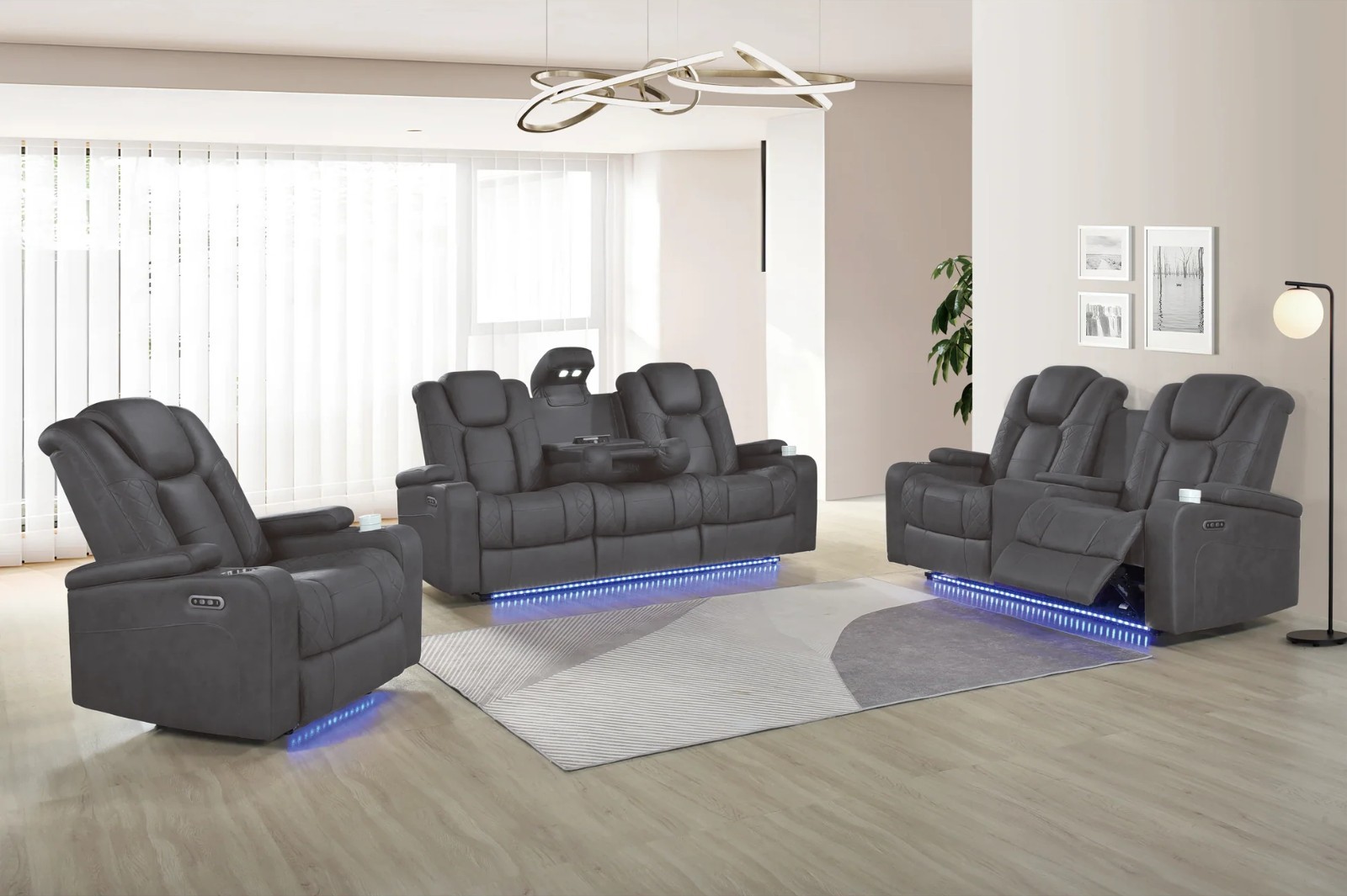NEW 3PC LED Power Recliner Gray Upholstered Sofa Set USB Ports/Reading Lights