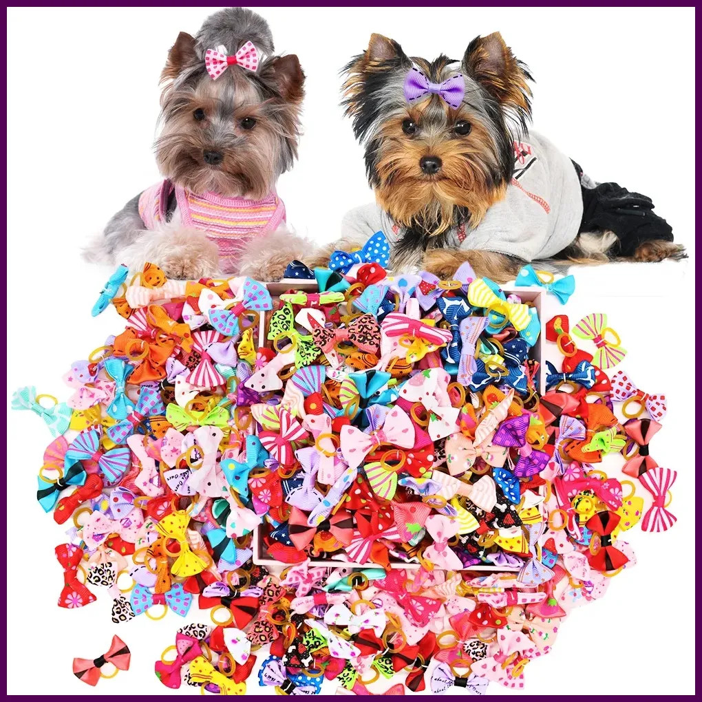 100PCS Puppy Bow Handmade Movable Pet Dog Grooming Hair Accessories Dog Bows