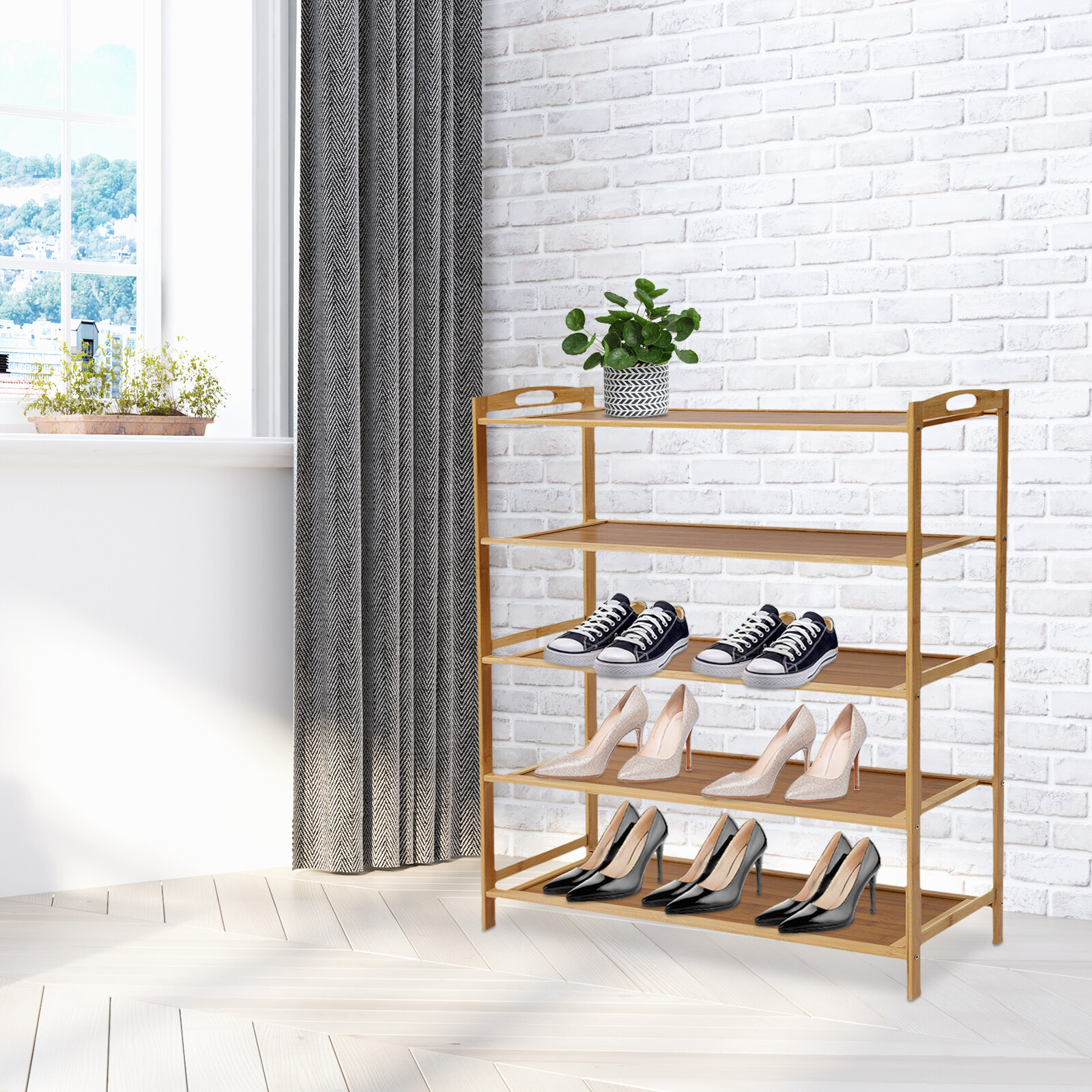 5 Layers Natural Wood Bamboo Shelf Entryway Storage Shoe Rack Home Furniture