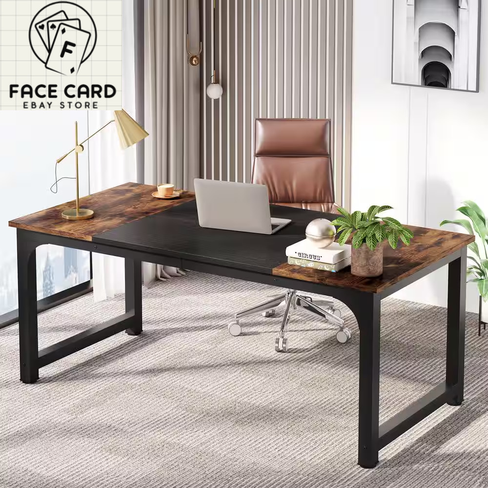 Moronia 63 In. Rectangle Rustic Brown MDF Executive Desk with Thicken Frame, Com