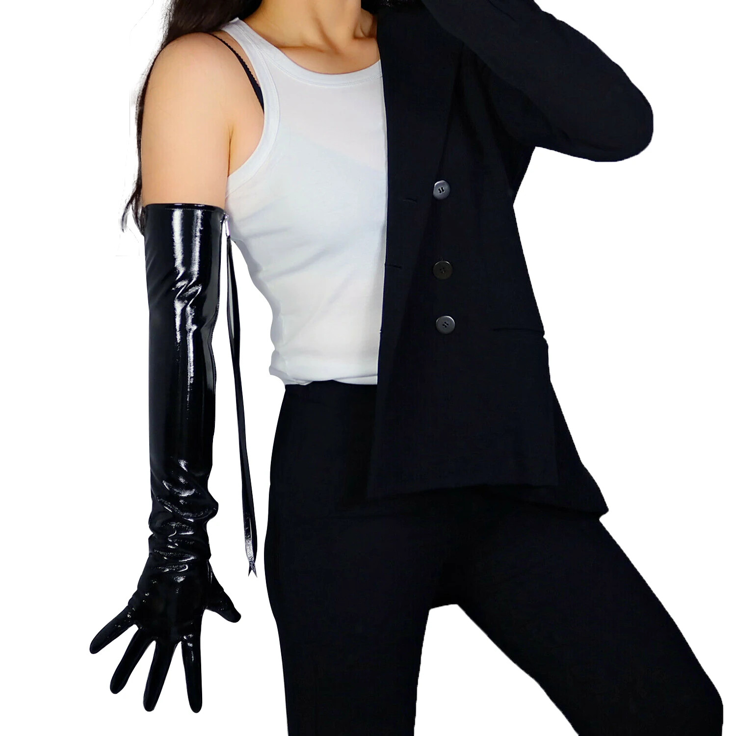 Oil Black Faux Leather Tassel Zipper Gloves 60cm Shiny Wet Look Evening Cosplay