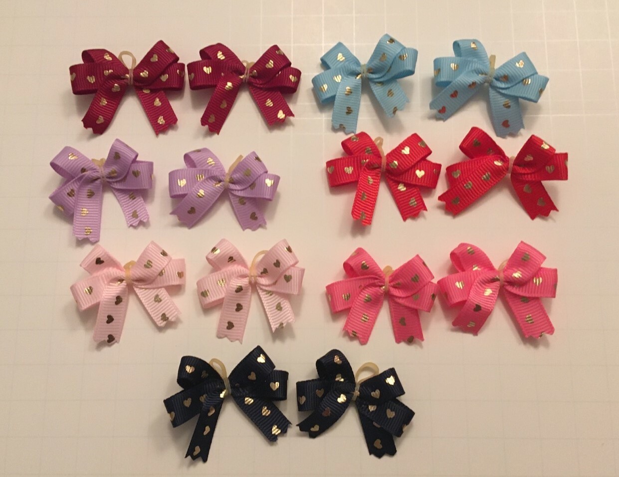 14 small double looped Valentine's Day dog bows with tiny gold hearts USA Yorkie