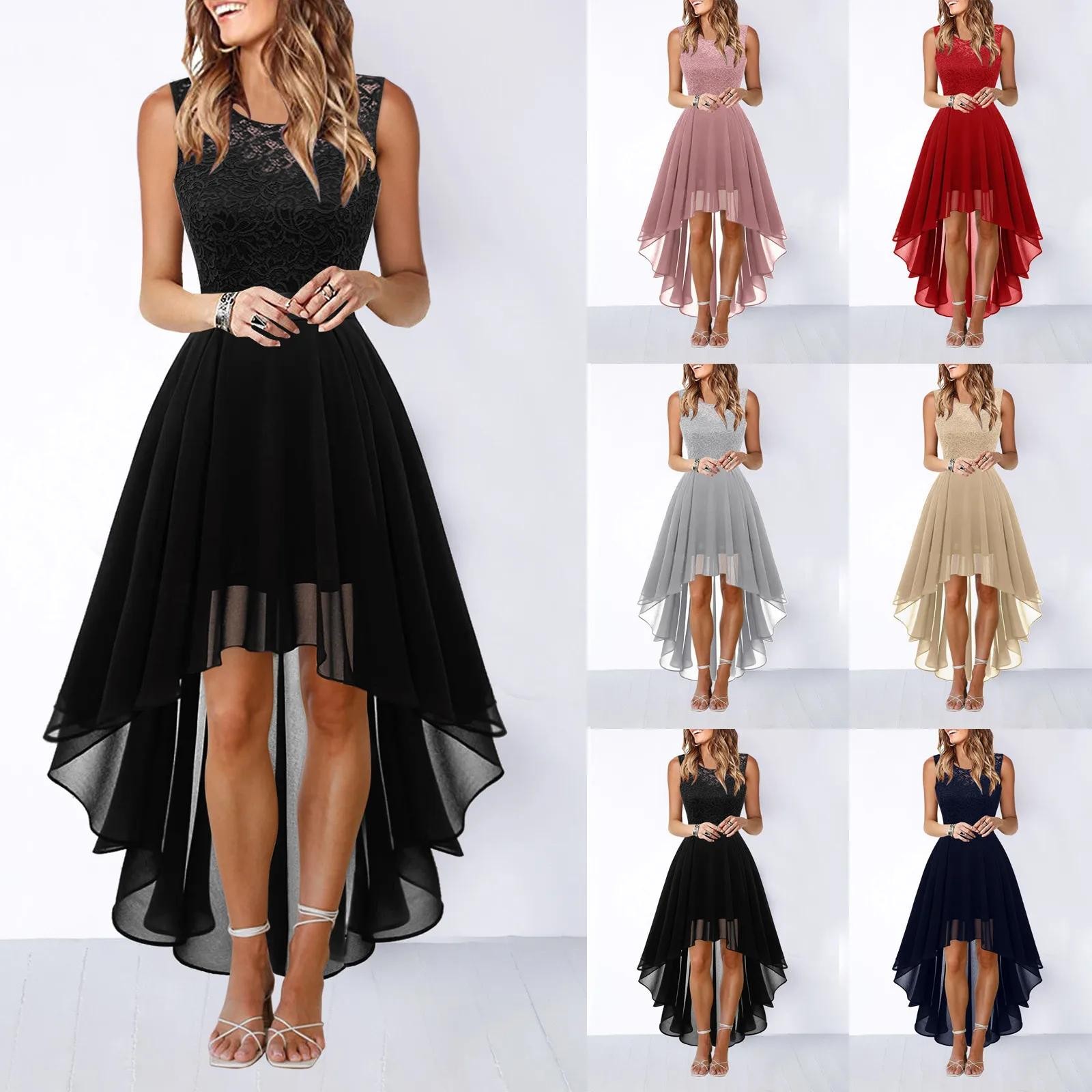 2024 Women's Solid Lace Dress Bowknot Elegant Irregular Length Dress Sleeveless