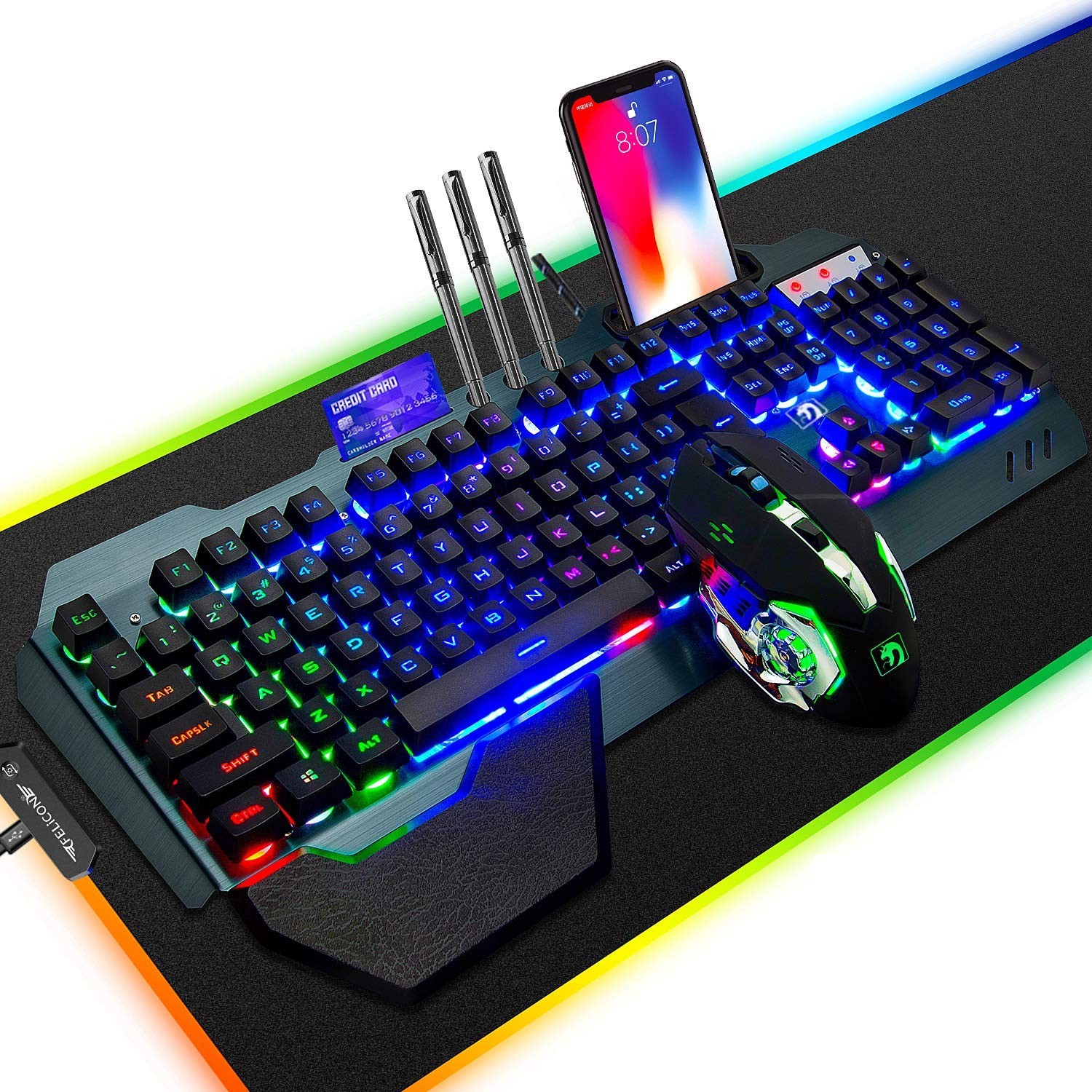 FELiCON Wired Game Keyboard and Mouse Combo, RGB LED Backlit Mechanical Feel ...