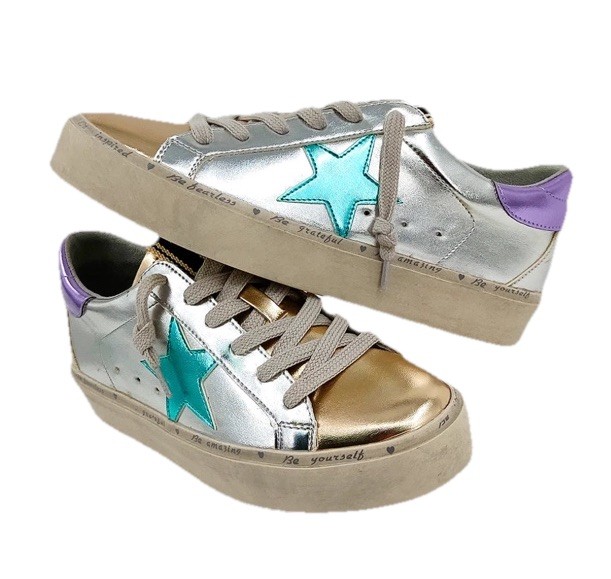 SHU SHOP Petula Platform Sneakers Metallic Silver Gold Stars Vegan Leather Sz 8