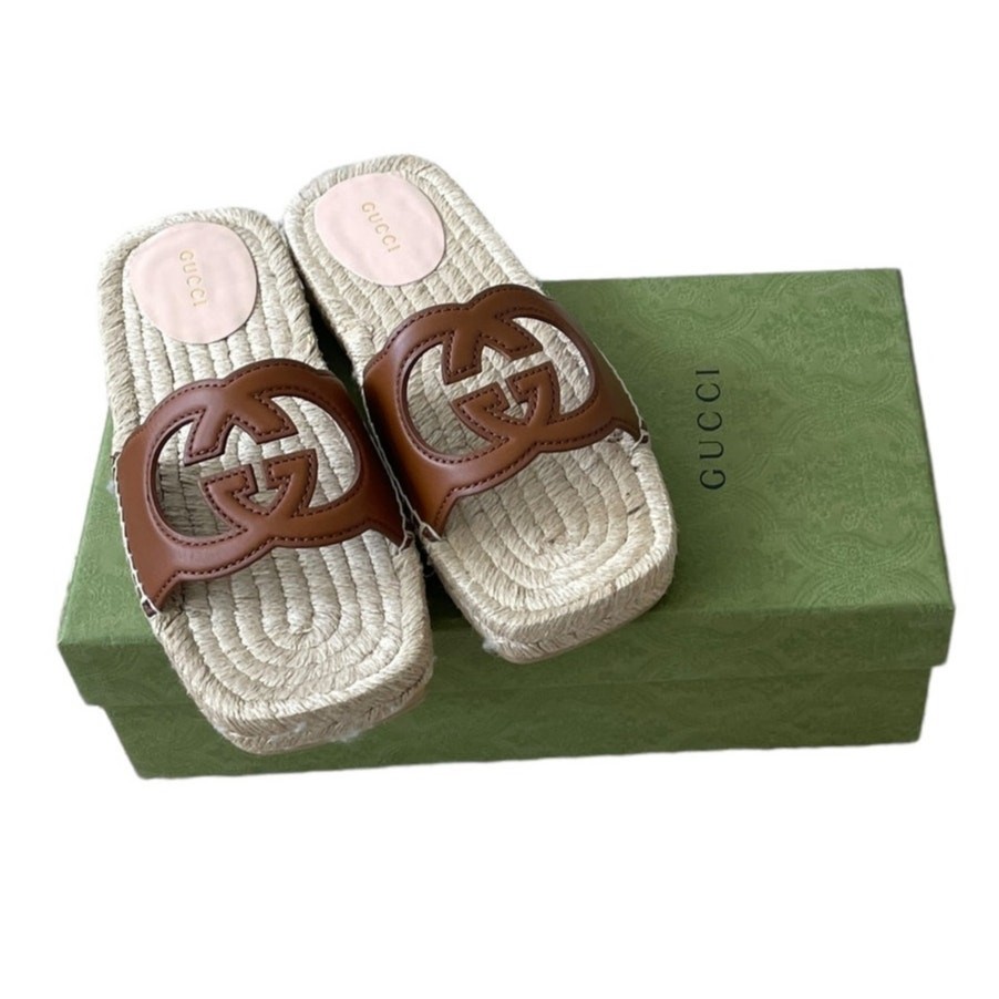 GUCCI Interlocking G Leather Cut Out Espadrille Sandals Brown Size 37.5 NEW