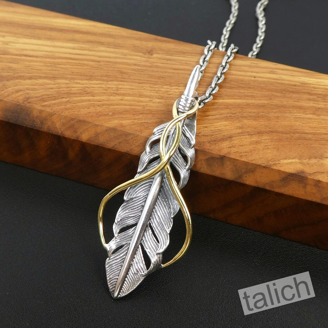 925 Sterling Silver Detailed Feather Pendant with Shiny Brass Ribbon Unique Gift