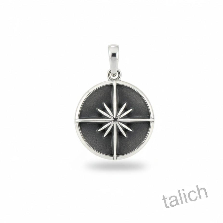 925 Sterling Silver Star Compass Oxidized Round Amulet Pendant Boho Unique Gift