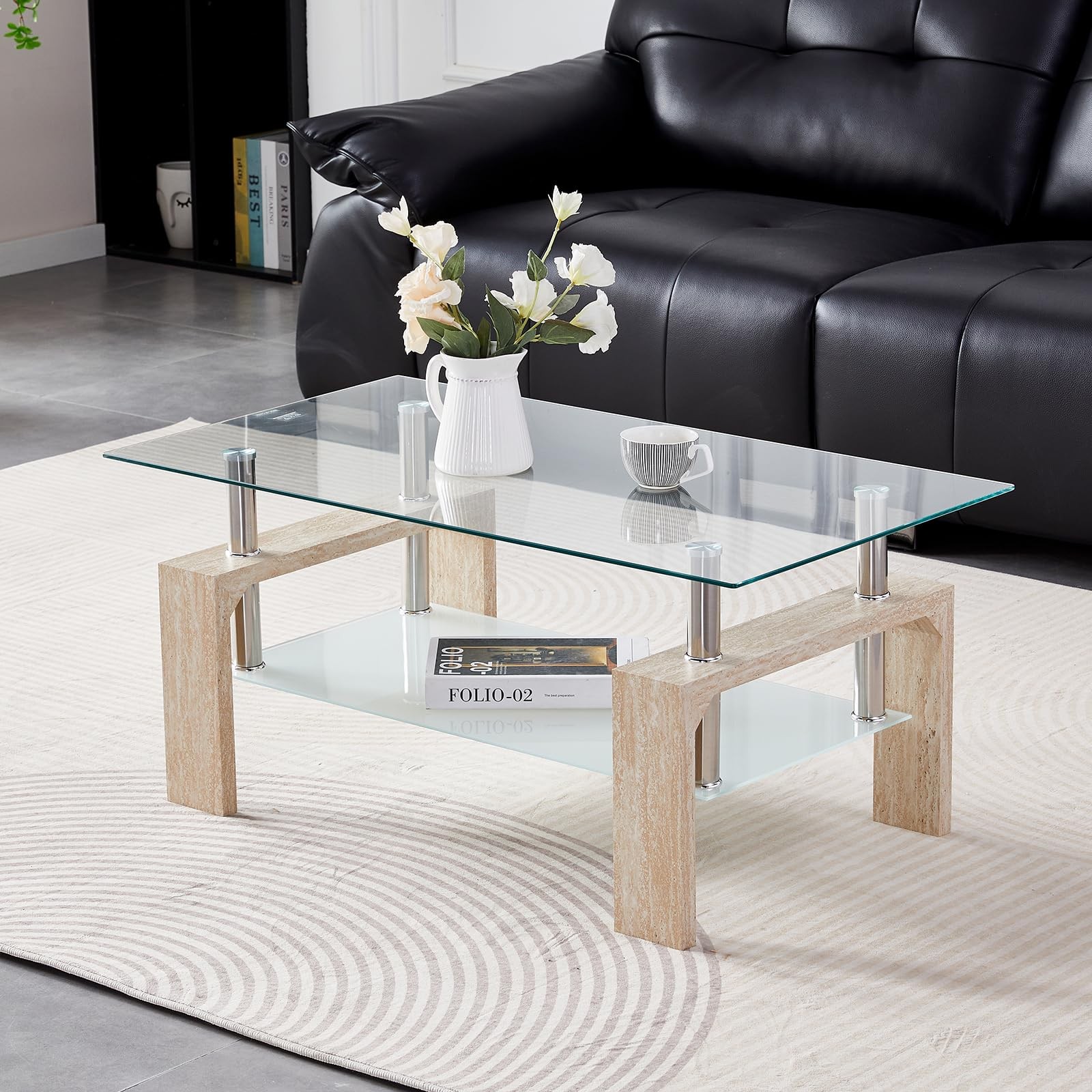 Coffee Table - Rectangle Glass Coffee Table with Simple and Classical Inspire...