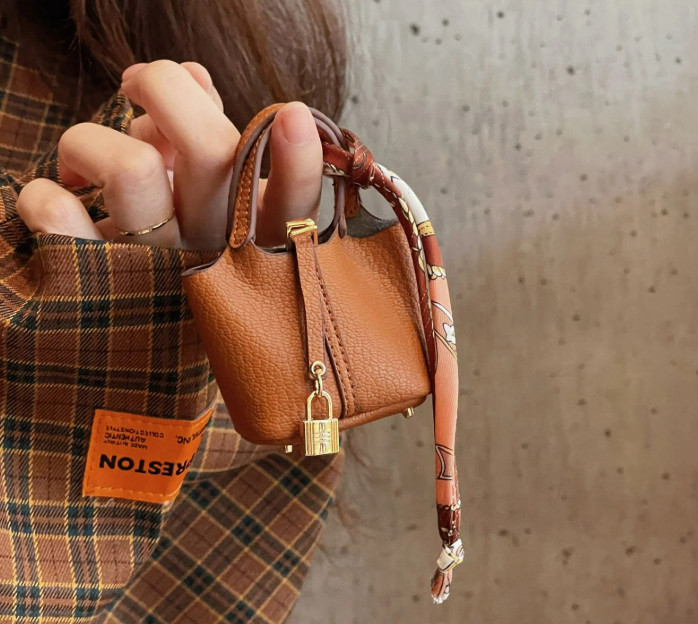 Brown Leather Mini luxury Bag Family Key Lipstick Bag Key Chain Pendant