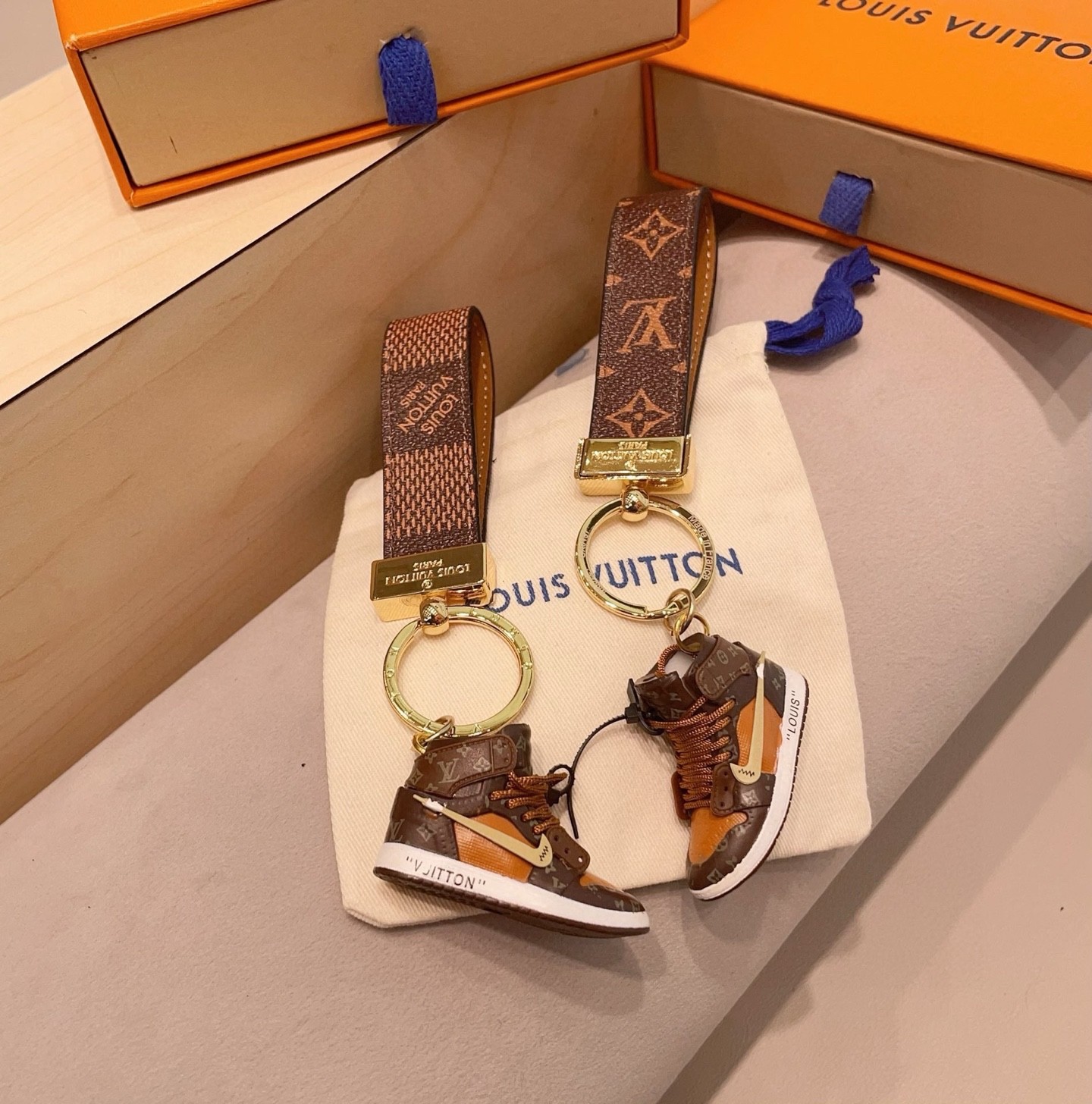 Luxury Monogram Sneaker Keychain • Fashion Bag Charm • Gold Hardware • Gift Acce