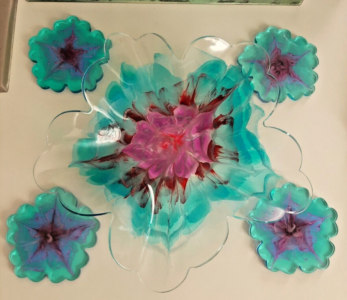 Epoxy Resin Bloom Art unique gift decoration bowl with set of 4 matching coaster