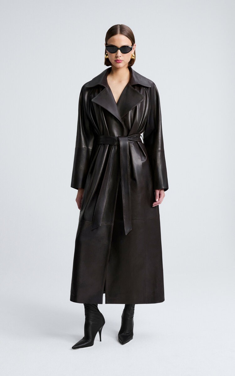 Women's Long Black Genuine Leather Trench Coat with Belt | Stylish Lambskin Coat