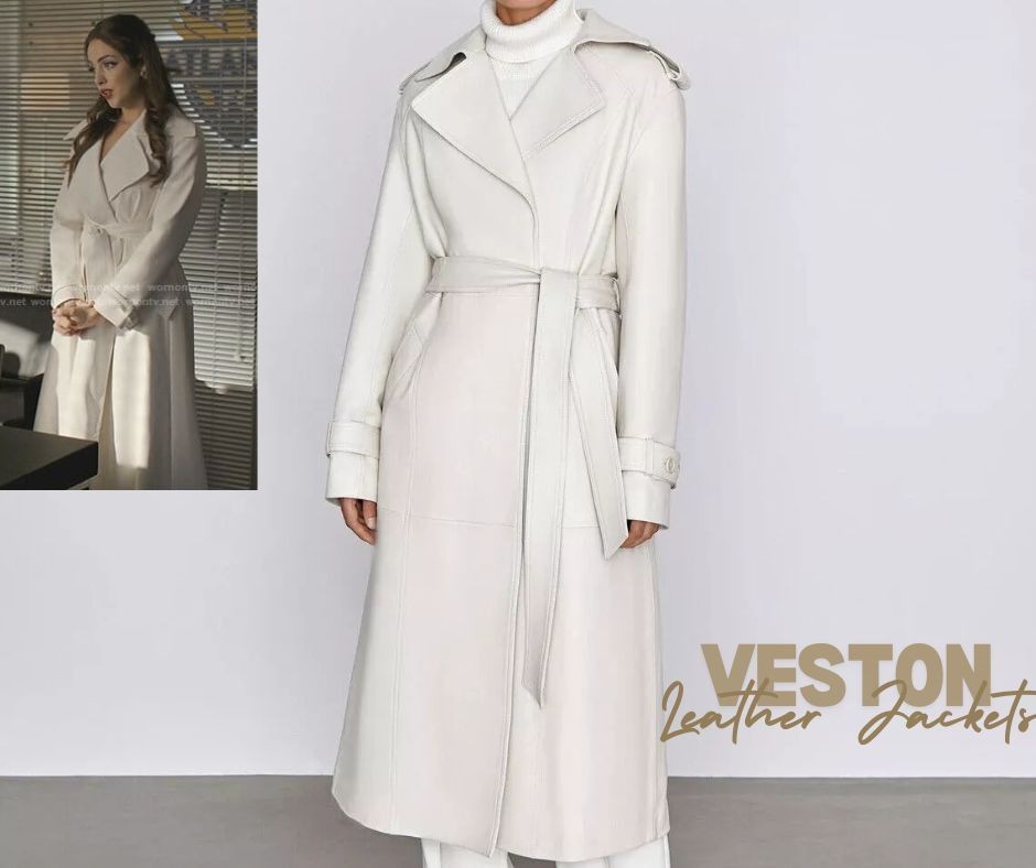 Women's Genuine Leather Long Coat Real Lambskin Stylish White Belted Trench Coat