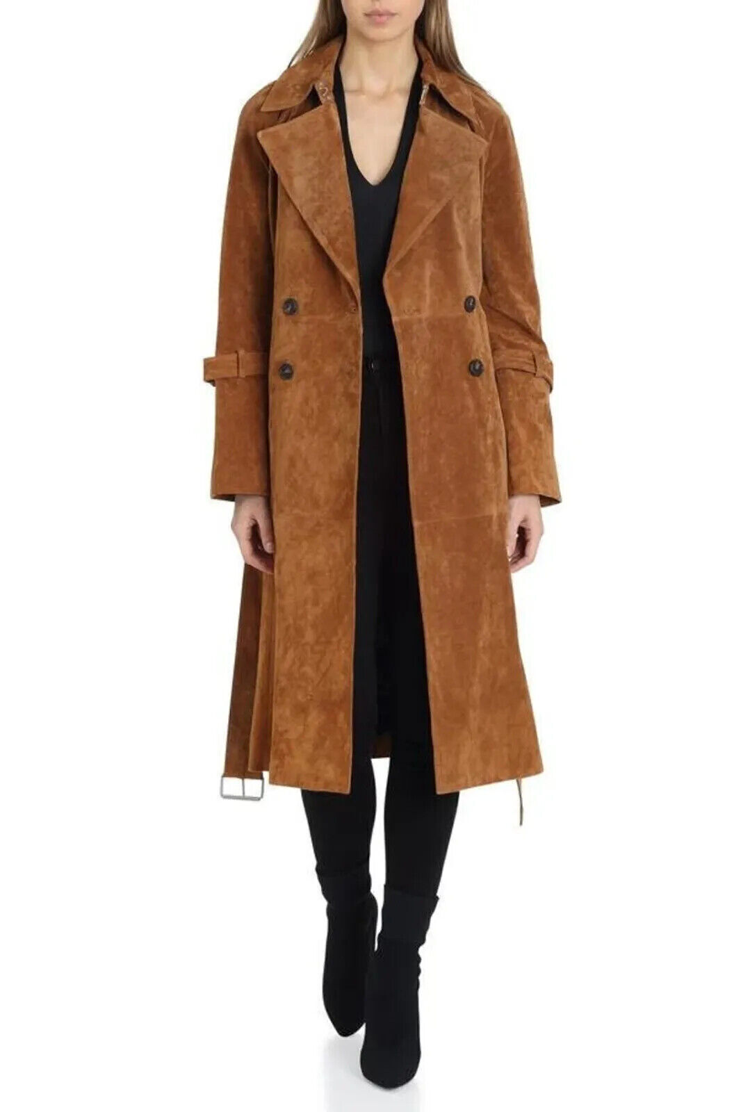 Women Genuine Leather Long belted Coat Real Suede Stylish Tan Celebrity Trench