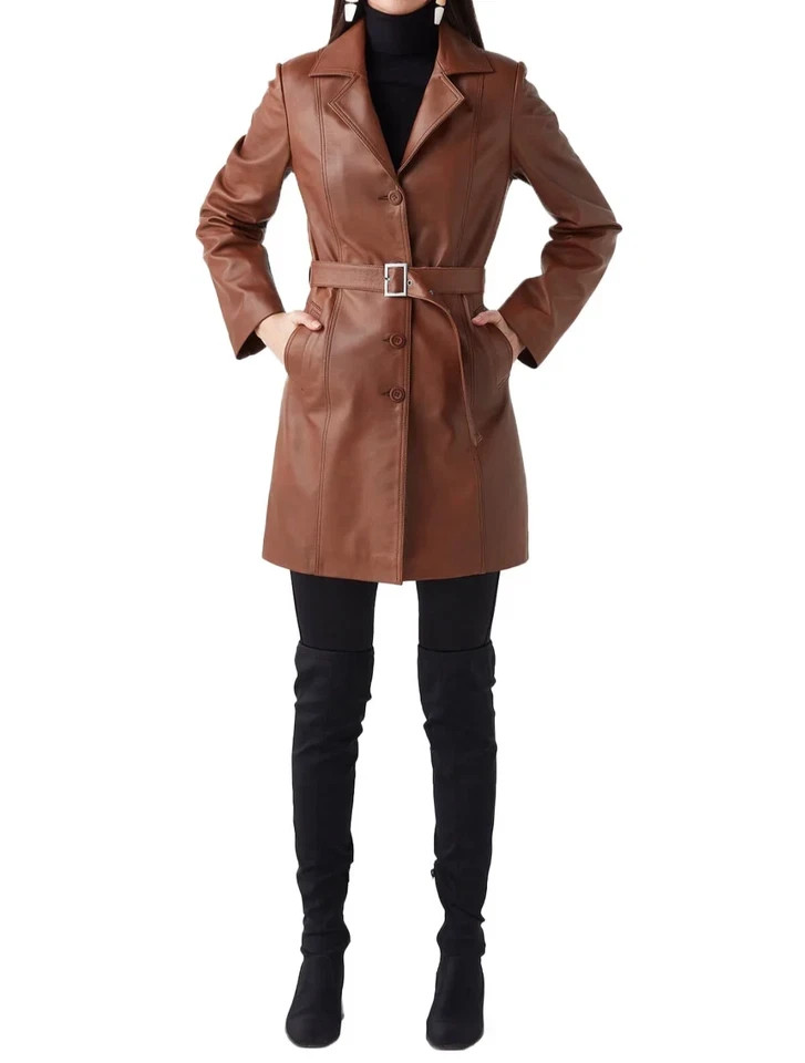 Lambskin Women Trench Brown Belted Leather Genuine Casual Stylish Coat Handmade