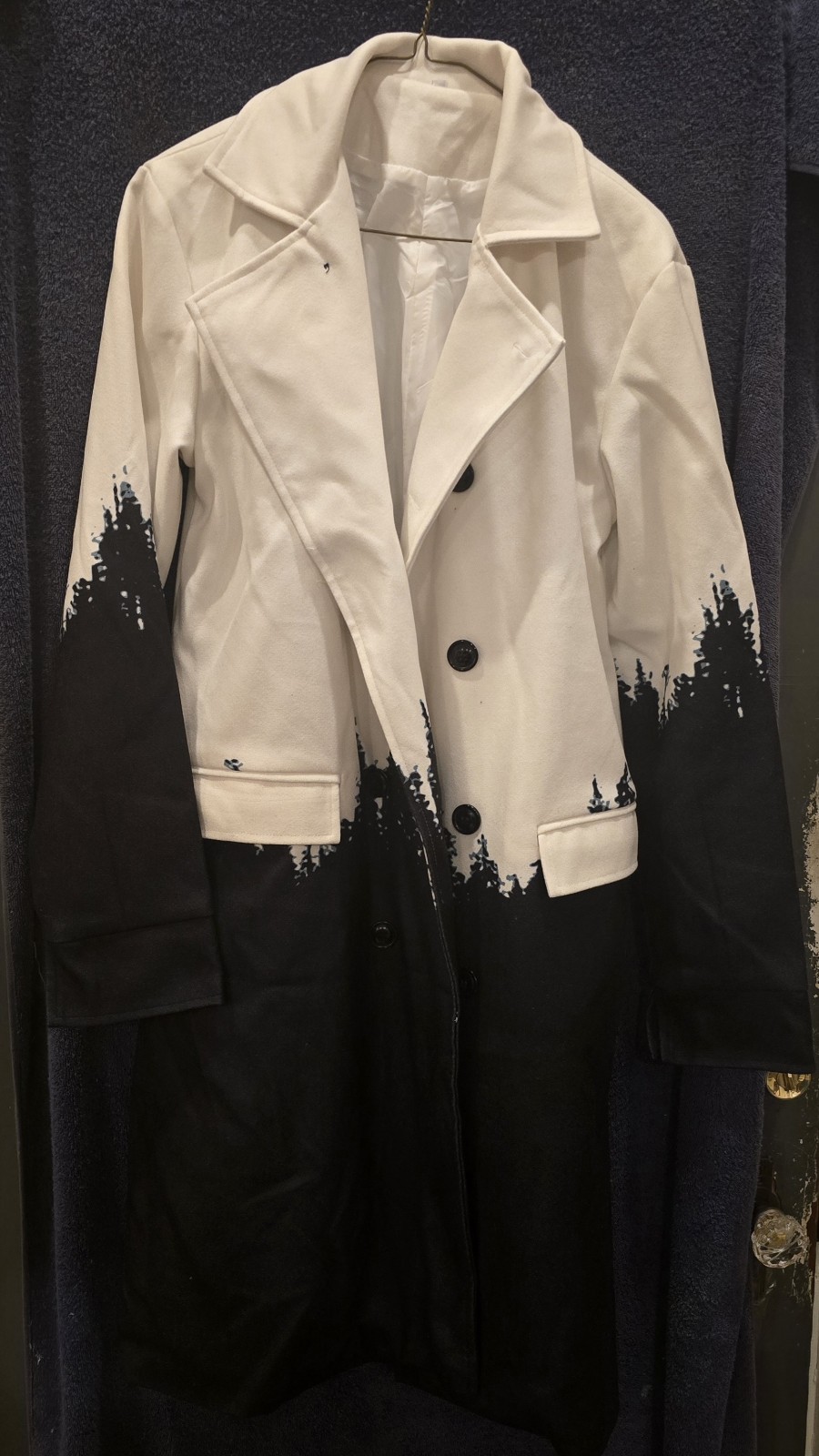 Stylish Two-Tone Forest Print Double-Breasted Trench Coat