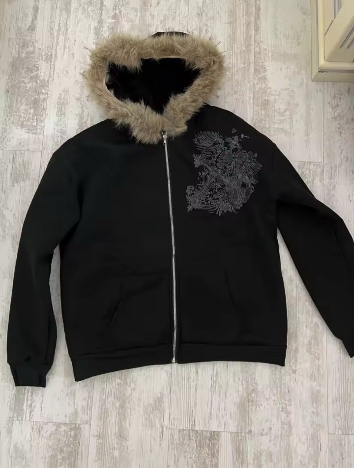 Black Y2K Fur Hood Zip Hoodie – Thick, Oversized Streetwear