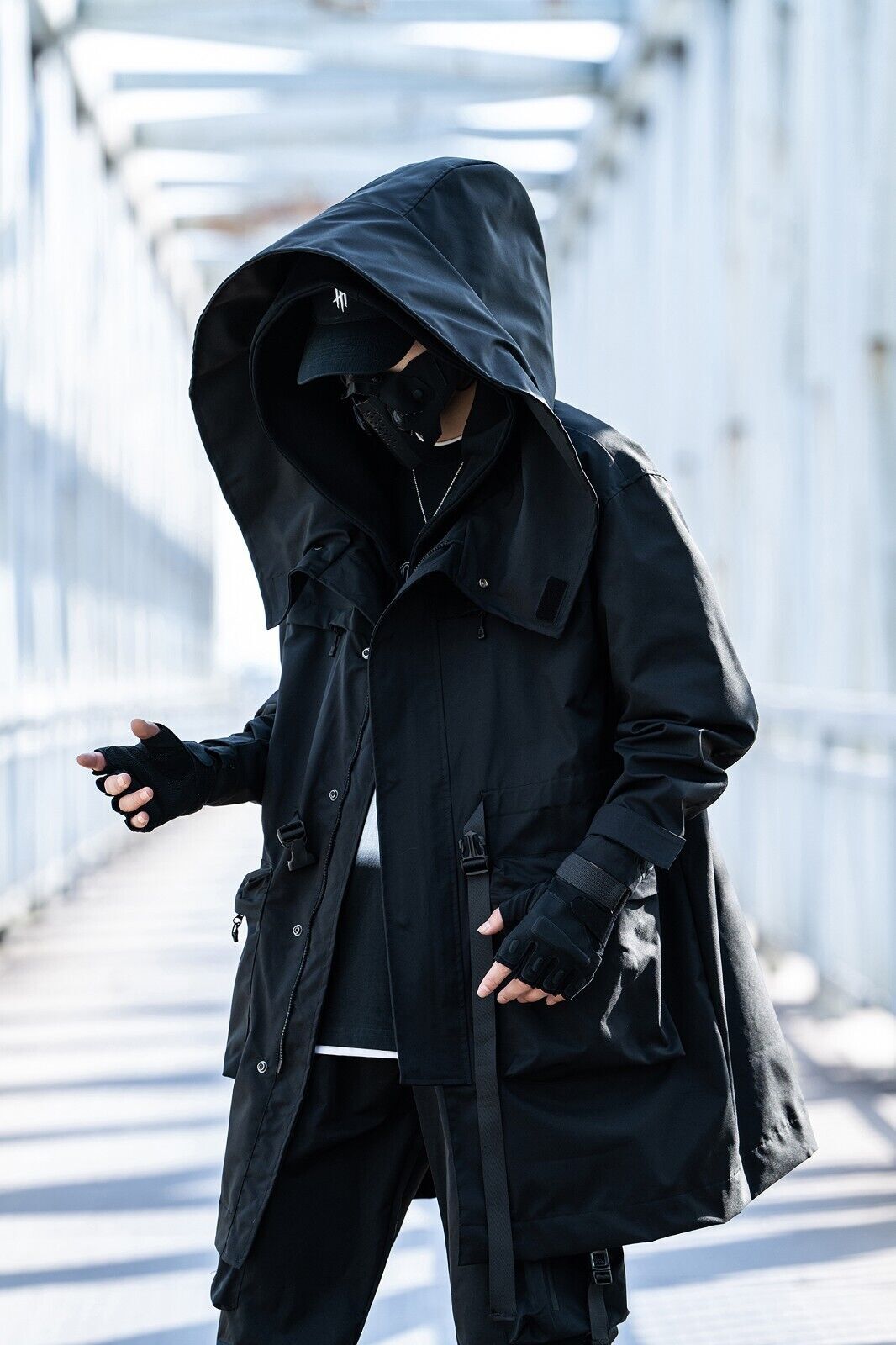 Niepce Streetwear Fashion Black Oversized Cargo Jacket Cyberpunk Trenchcoat